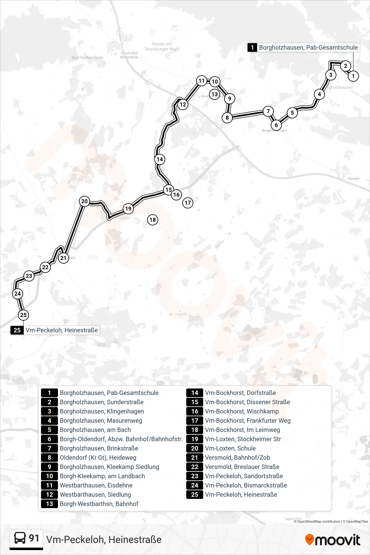 Linie 91 (Bus) Richtung Vm-Peckeloh, Heinestraße: Route und Haltestellen auf der Karte