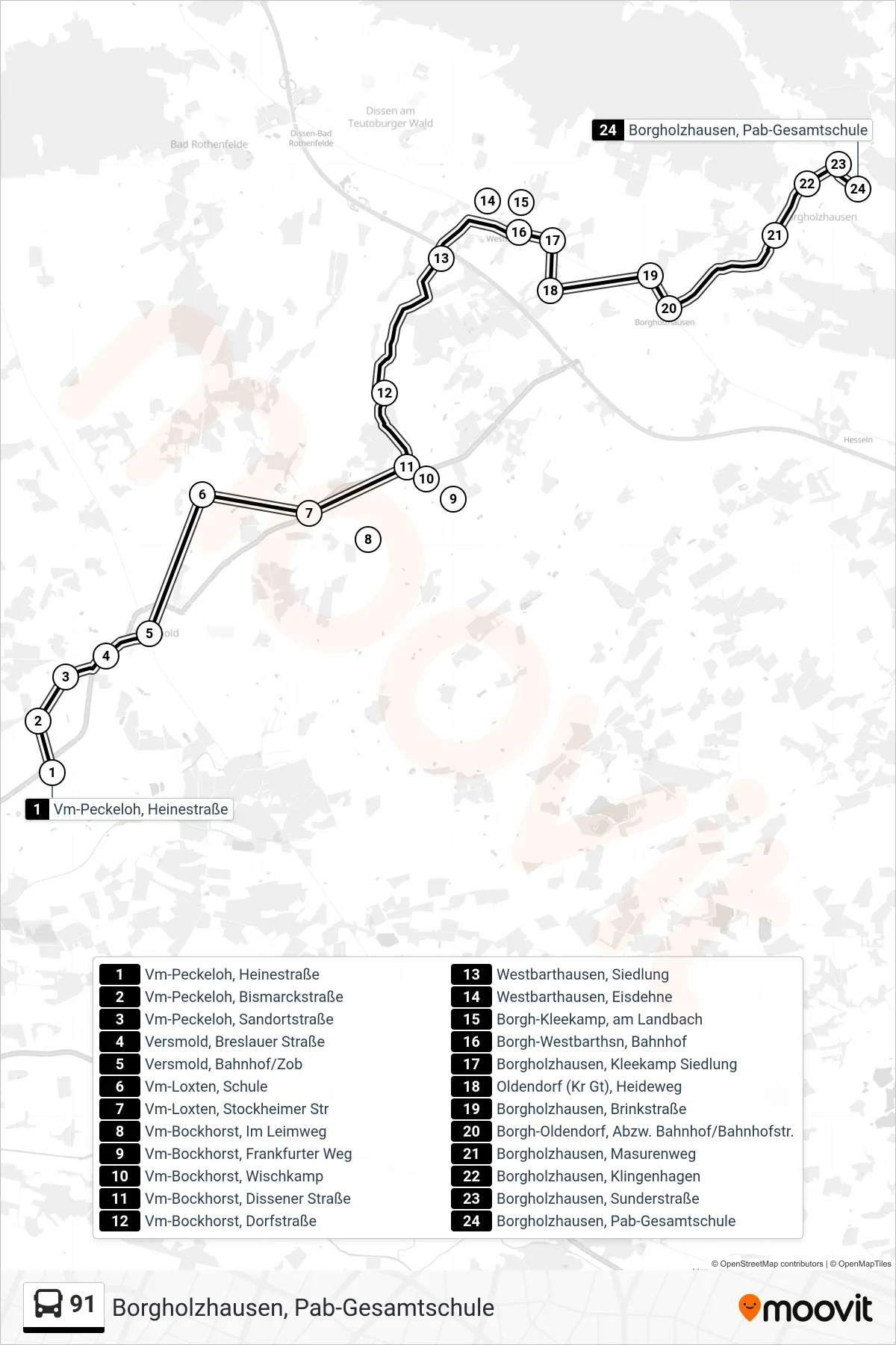 Linie 91 (Bus) Richtung Borgholzhausen, Pab-Gesamtschule: Route und Haltestellen auf der Karte