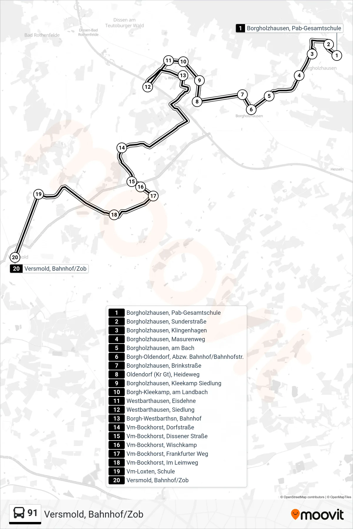 91 bus Line (Versmold, Bahnhof/Zob) route and stops on a map