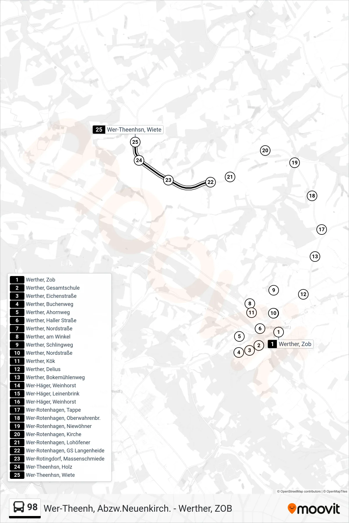 Linie 98 (Bus) Richtung Wer-Theenhsn, Wiete: Route und Haltestellen auf der Karte