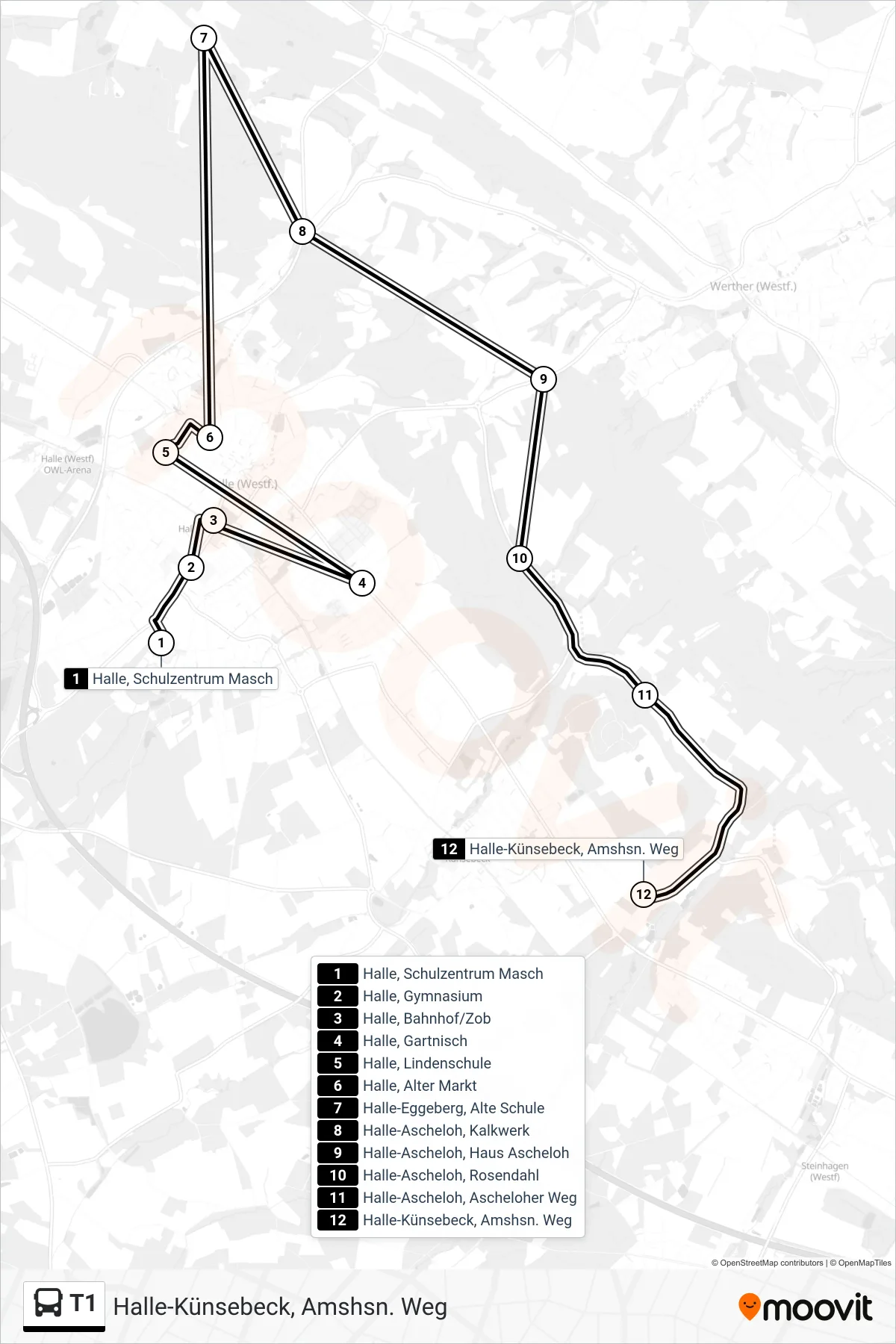 Linie T1 (Bus) Richtung Halle-Künsebeck, Amshsn. Weg: Route und Haltestellen auf der Karte