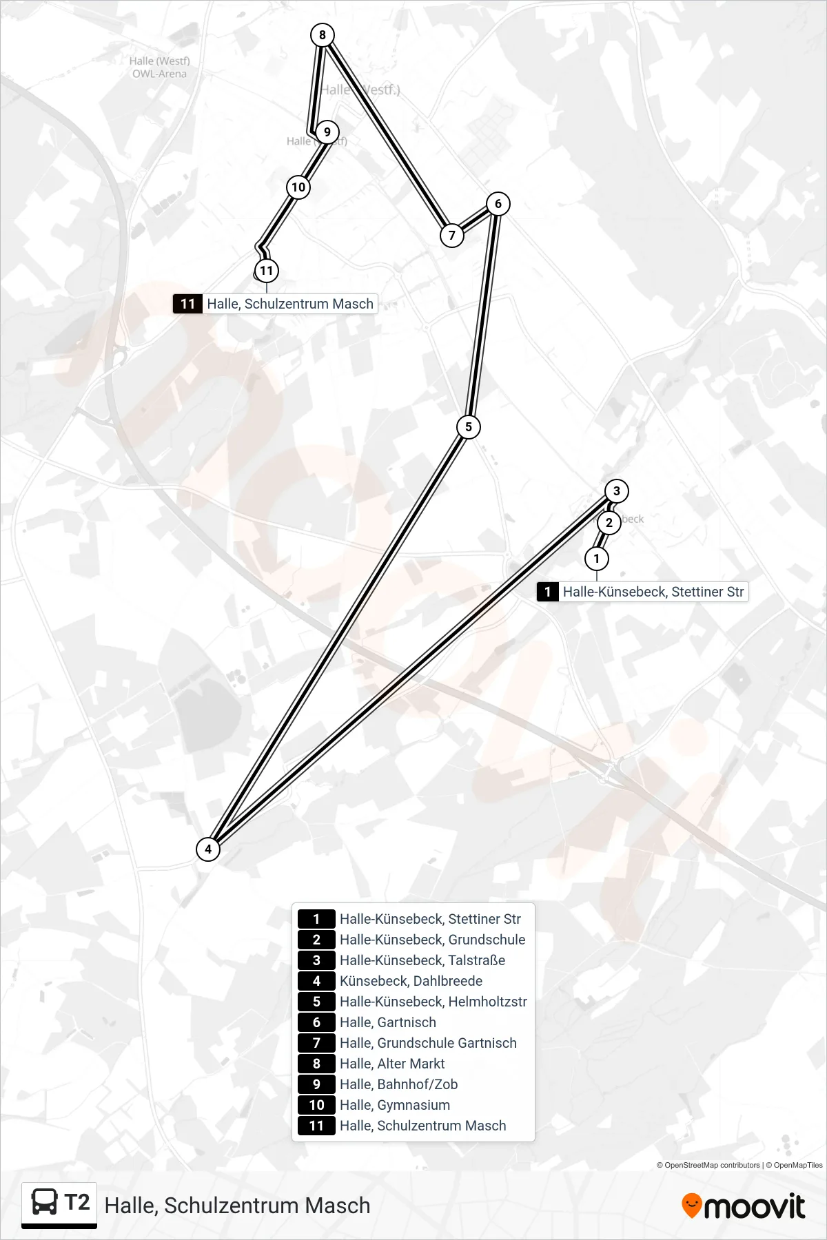 Linie T2 (Bus) Richtung Halle, Schulzentrum Masch: Route und Haltestellen auf der Karte