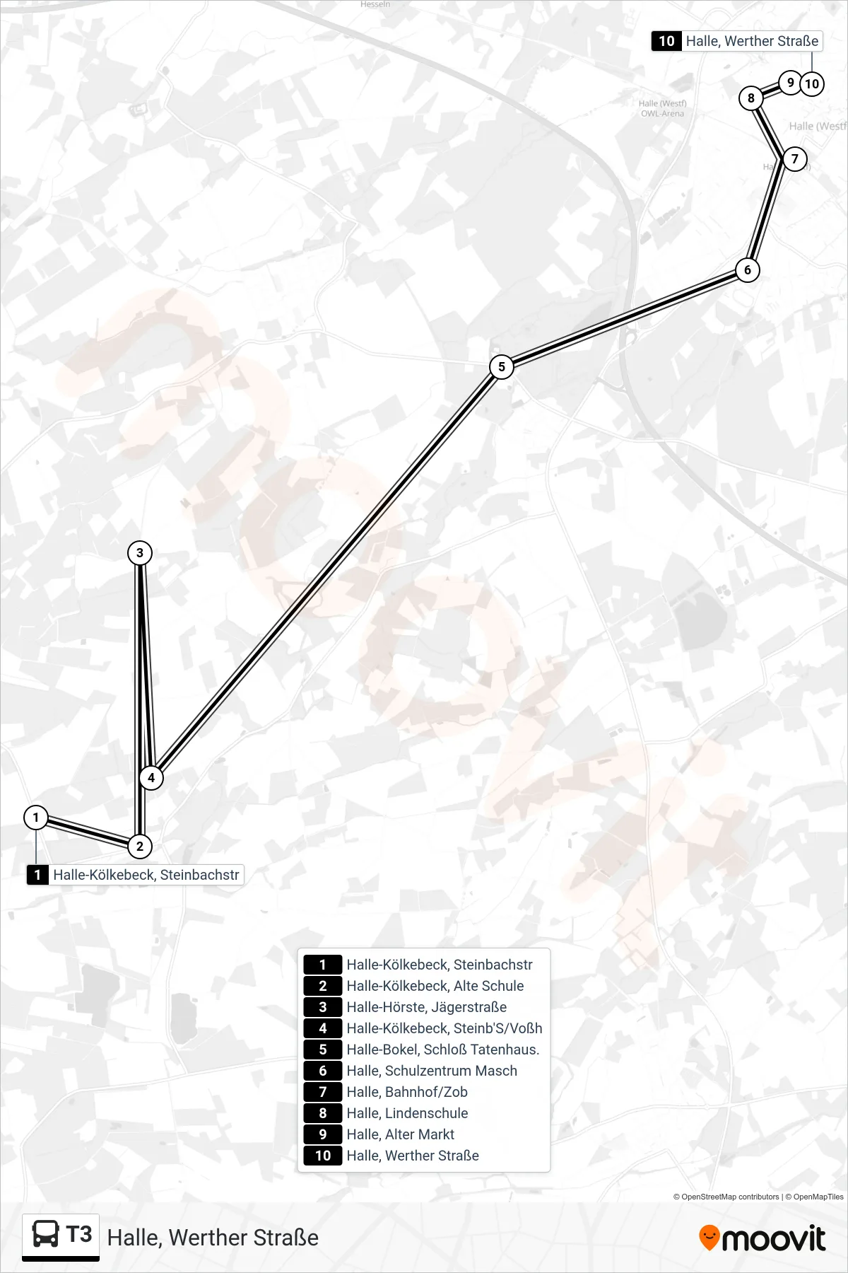 Linie T3 (Bus) Richtung Halle, Werther Straße: Route und Haltestellen auf der Karte