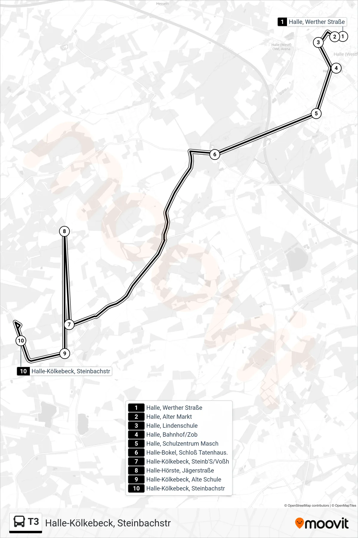Linie T3 (Bus) Richtung Halle-Kölkebeck, Steinbachstr: Route und Haltestellen auf der Karte