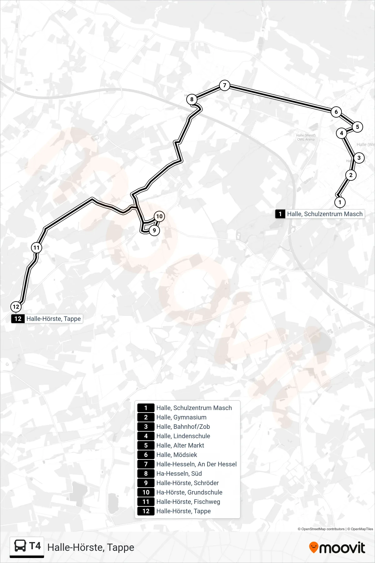 Linie T4 (Bus) Richtung Halle-Hörste, Tappe: Route und Haltestellen auf der Karte