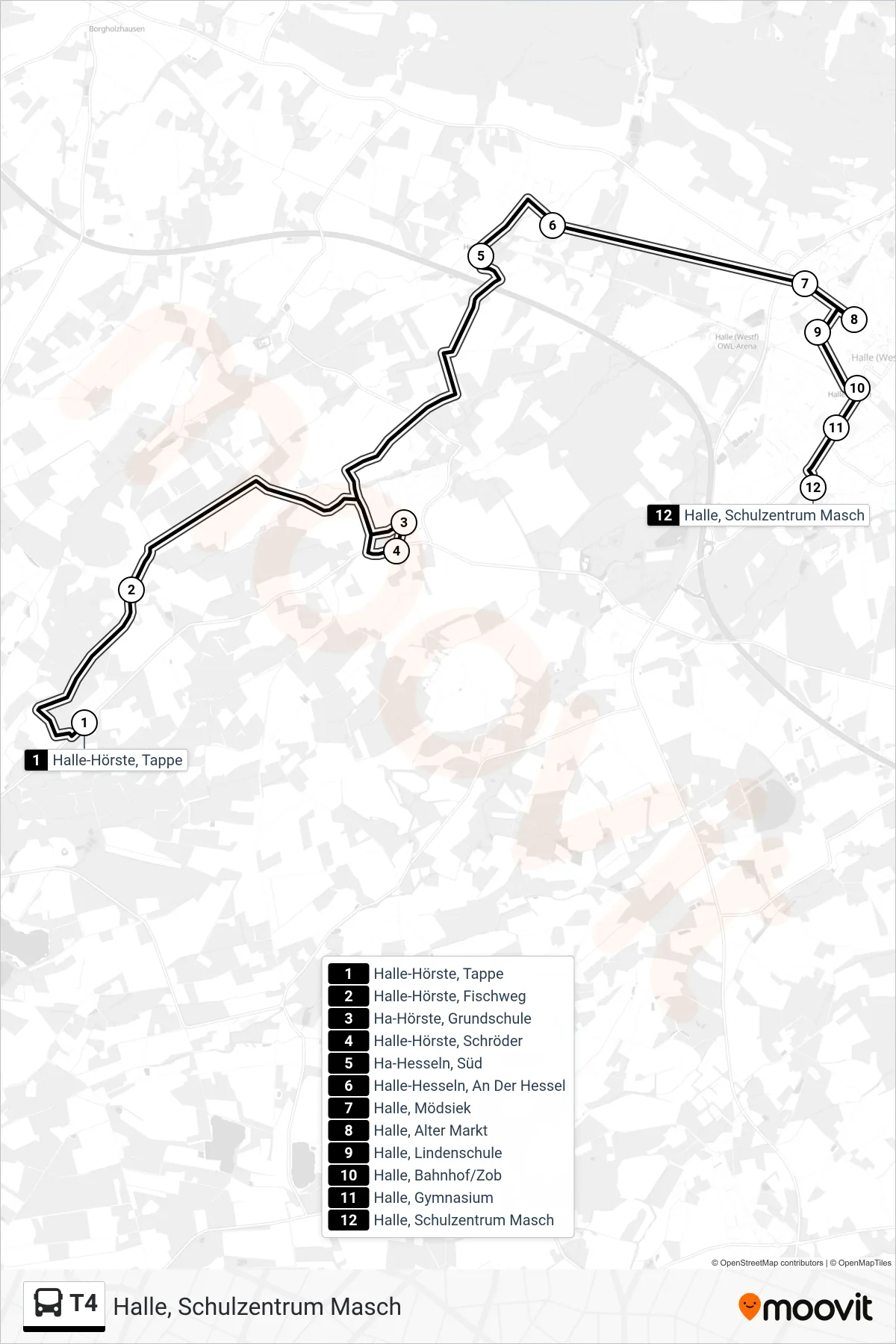 Linie T4 (Bus) Richtung Halle, Schulzentrum Masch: Route und Haltestellen auf der Karte
