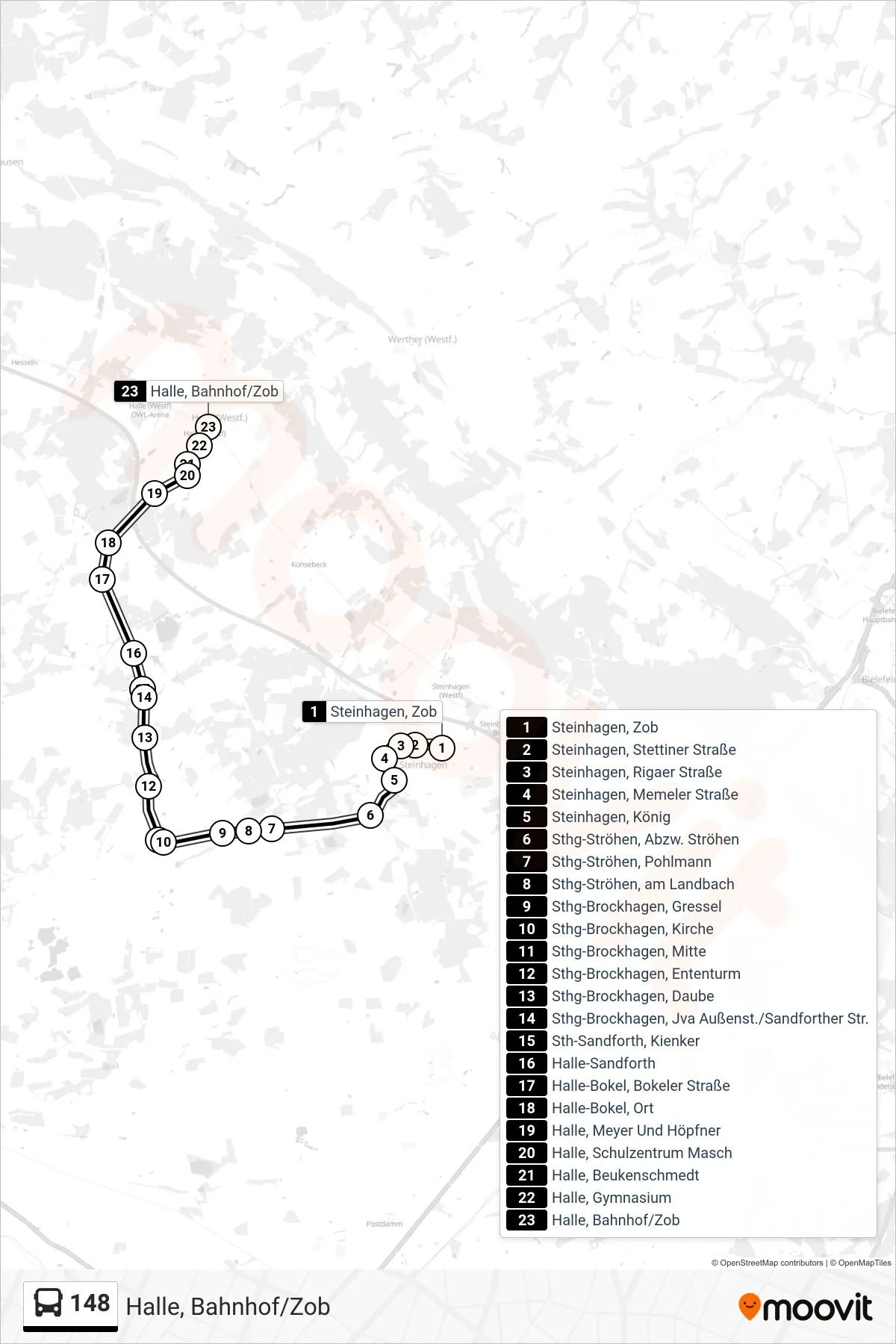 Linie 148 (Bus) Richtung Halle, Bahnhof/Zob: Route und Haltestellen auf der Karte