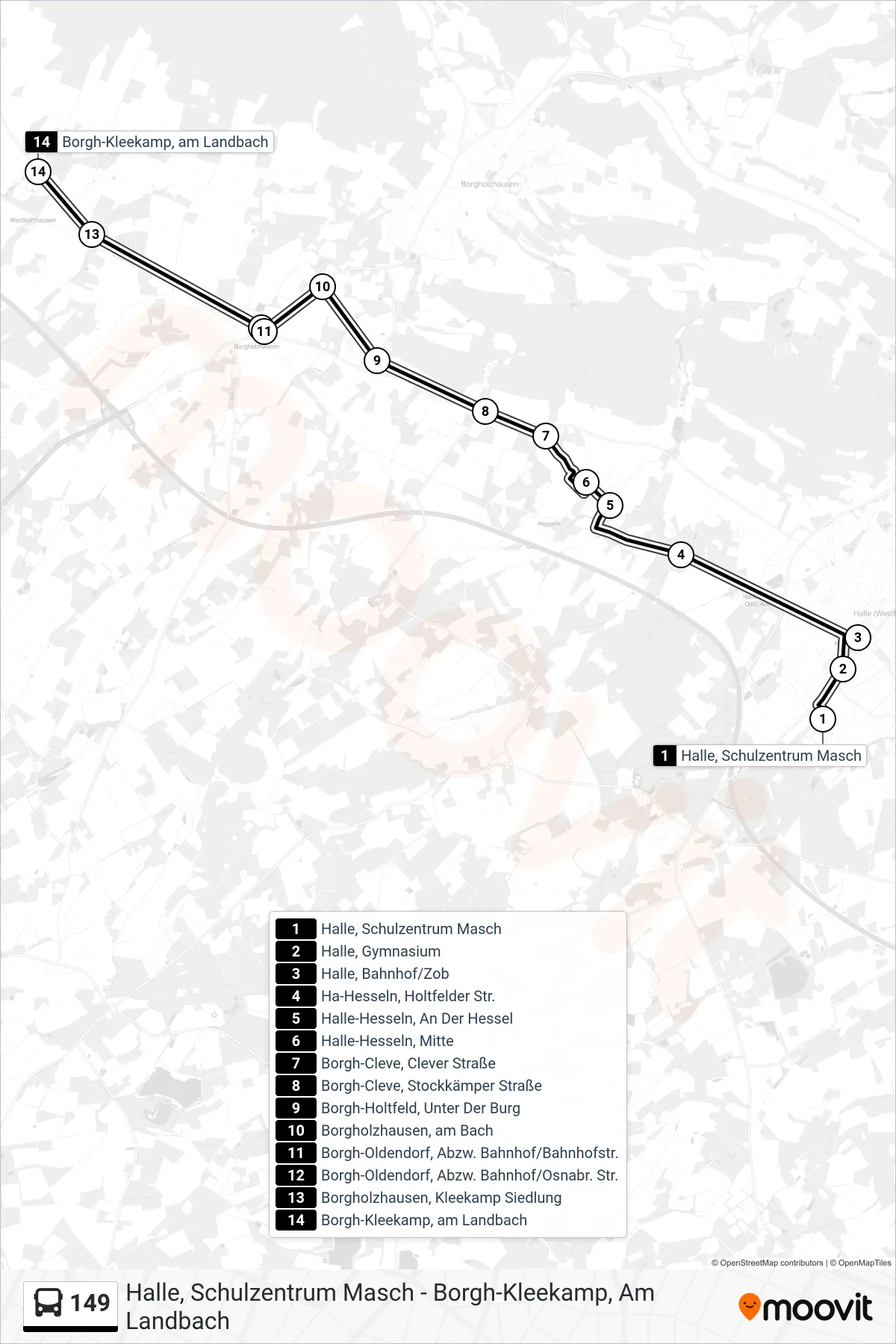 Linie 149 (Bus) Richtung Borgh-Kleekamp, am Landbach: Route und Haltestellen auf der Karte