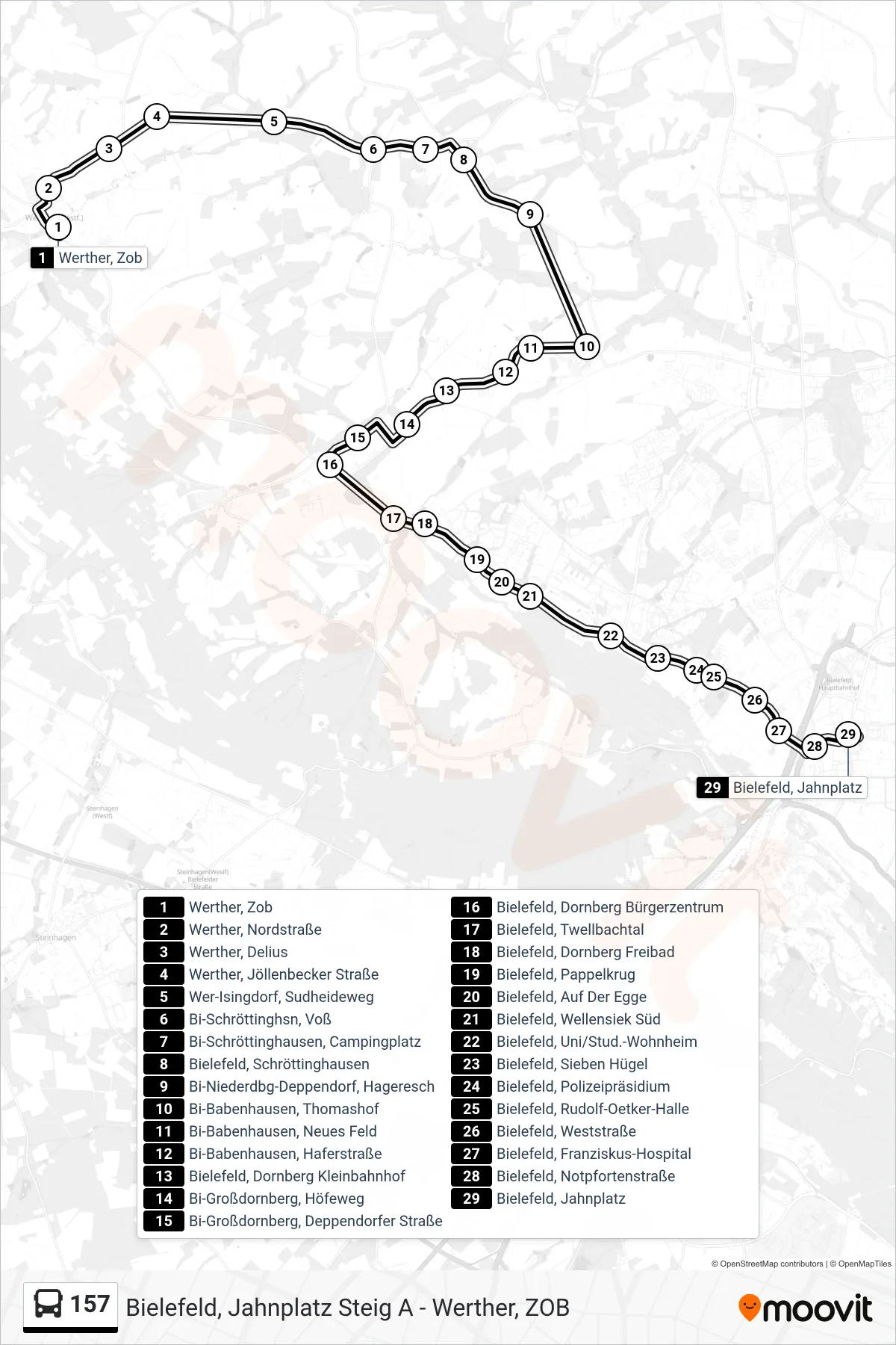 Linie 157 (Bus) Richtung Bielefeld, Jahnplatz Steig E: Route und Haltestellen auf der Karte