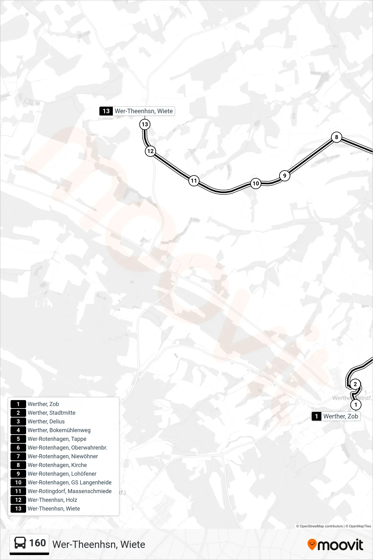 Linie 160 (Bus) Richtung Wer-Theenhsn, Wiete: Route und Haltestellen auf der Karte