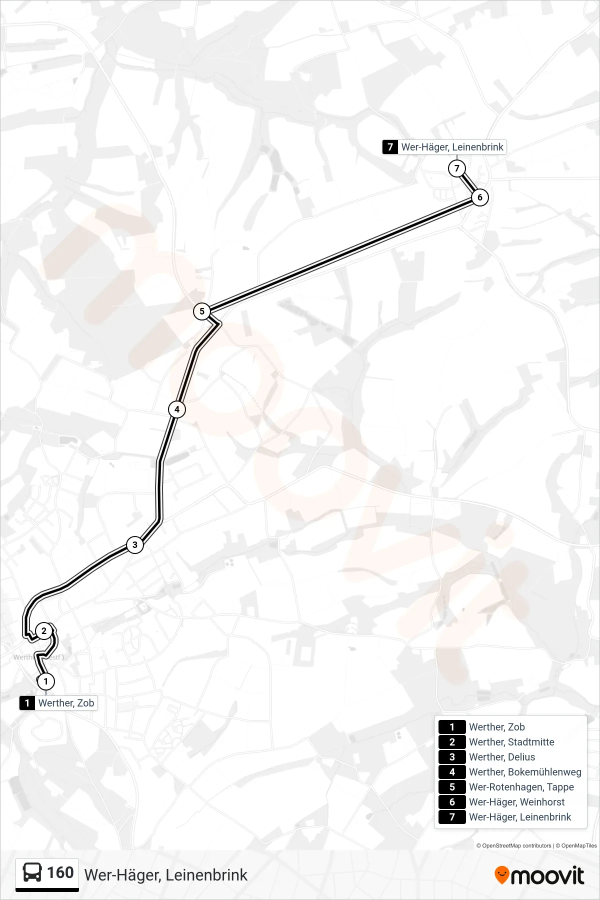 160 bus Line (Wer-Häger, Leinenbrink) route and stops on a map