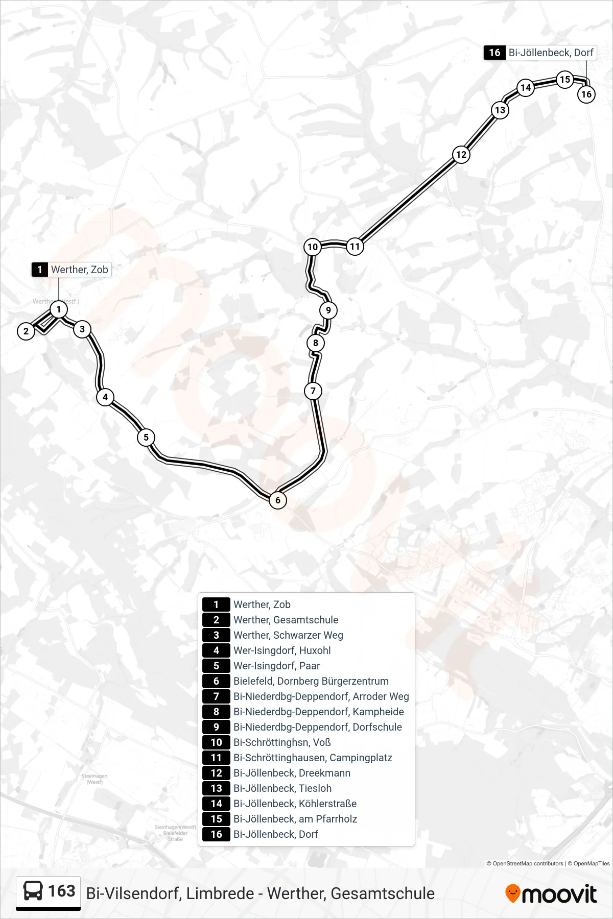 Linie 163 (Bus) Richtung Bi-Jöllenbeck, Dorf: Route und Haltestellen auf der Karte