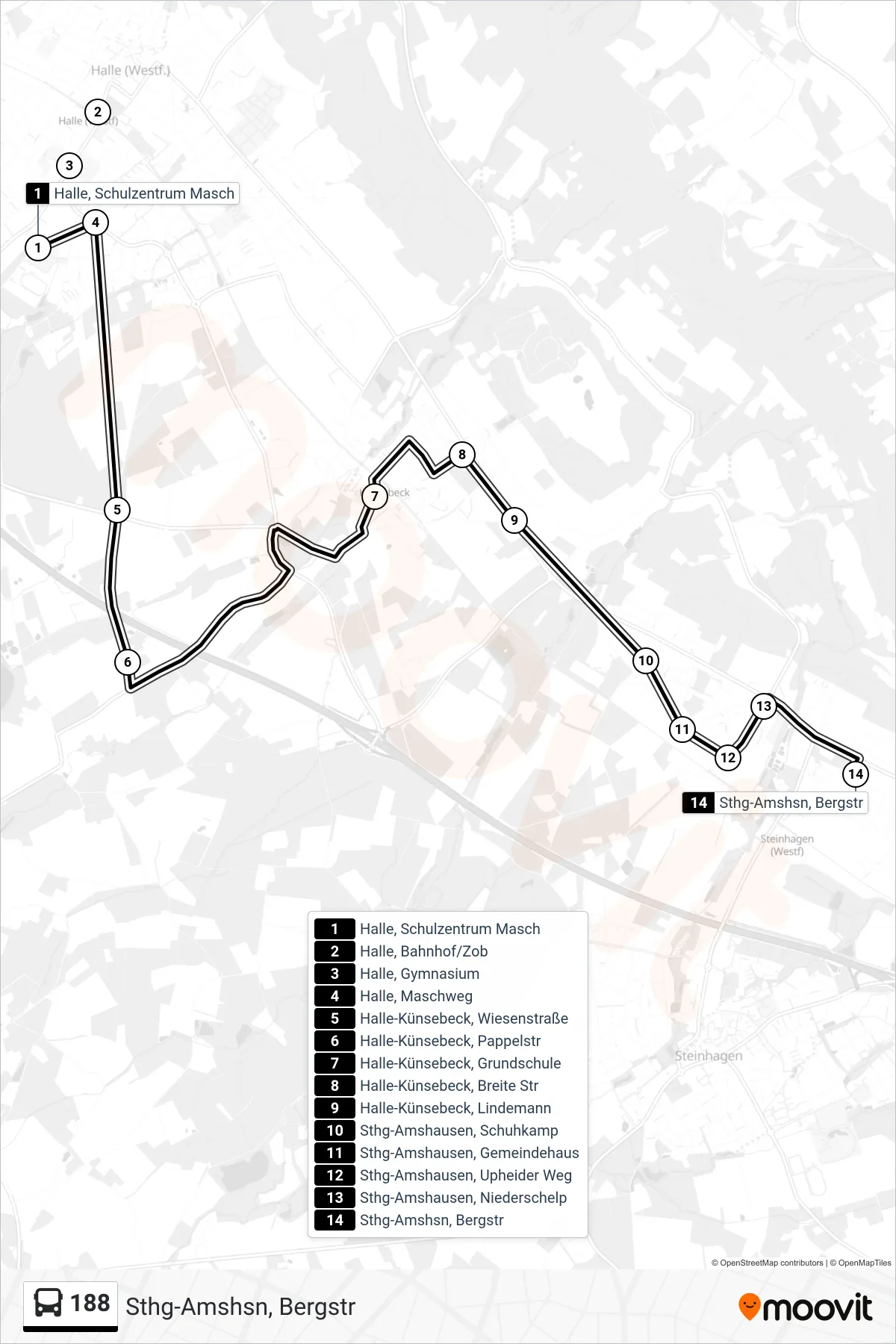 188 bus Line (Sthg-Amshsn, Bergstr) route and stops on a map