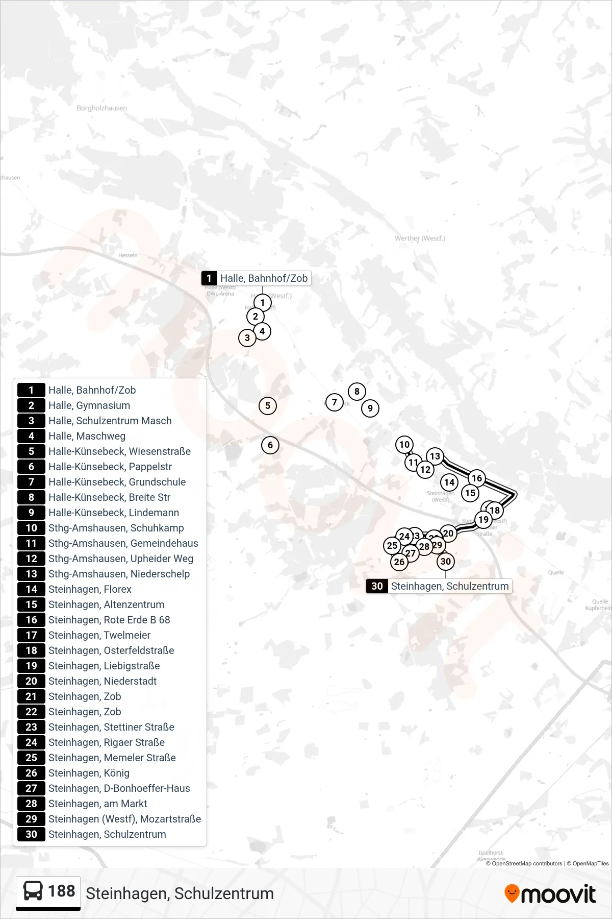 188 bus Line (Steinhagen, Schulzentrum) route and stops on a map