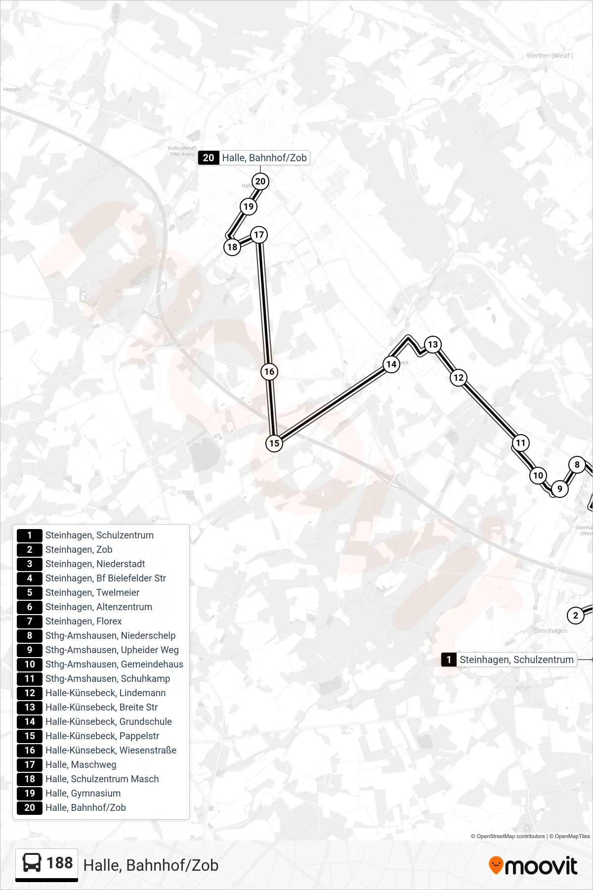 188 bus Line (Halle, Bahnhof/Zob) route and stops on a map
