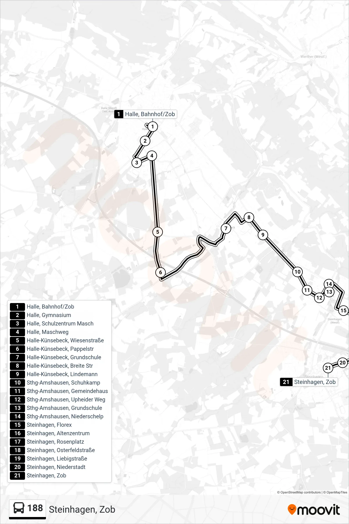 Linie 188 (Bus) Richtung Steinhagen, Zob: Route und Haltestellen auf der Karte