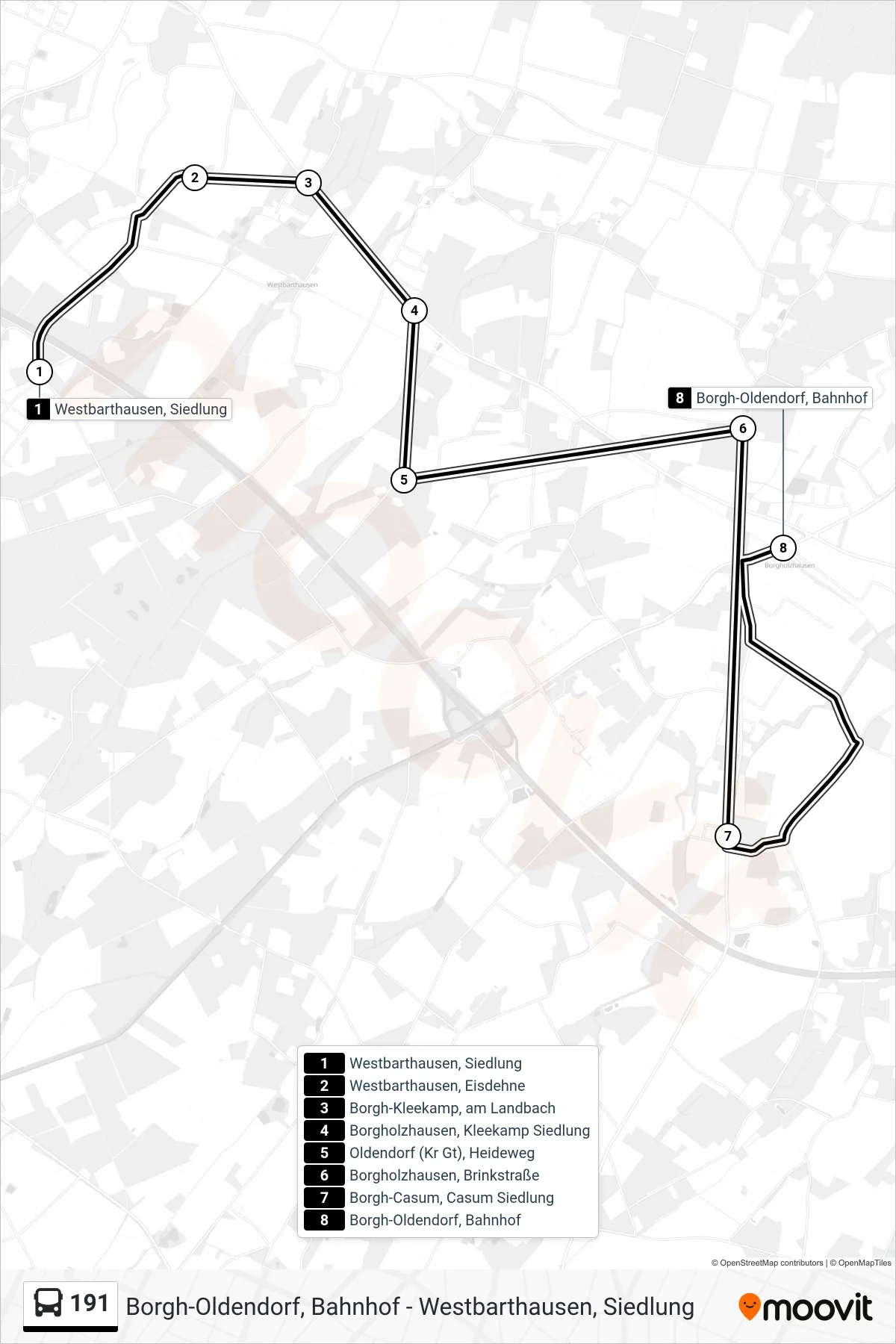 Linie 191 (Bus) Richtung Borgh-Oldendorf, Bahnhof: Route und Haltestellen auf der Karte