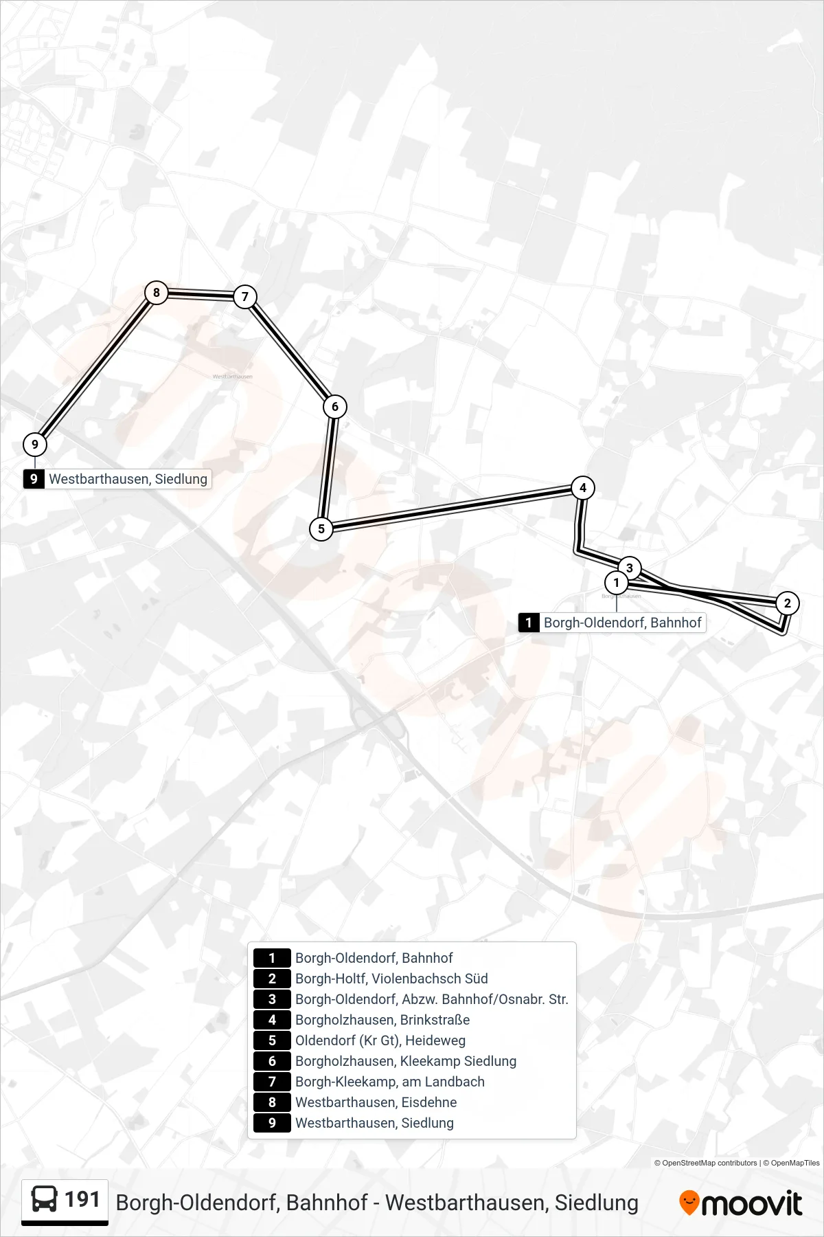 191 bus Line (Westbarthausen, Siedlung) route and stops on a map