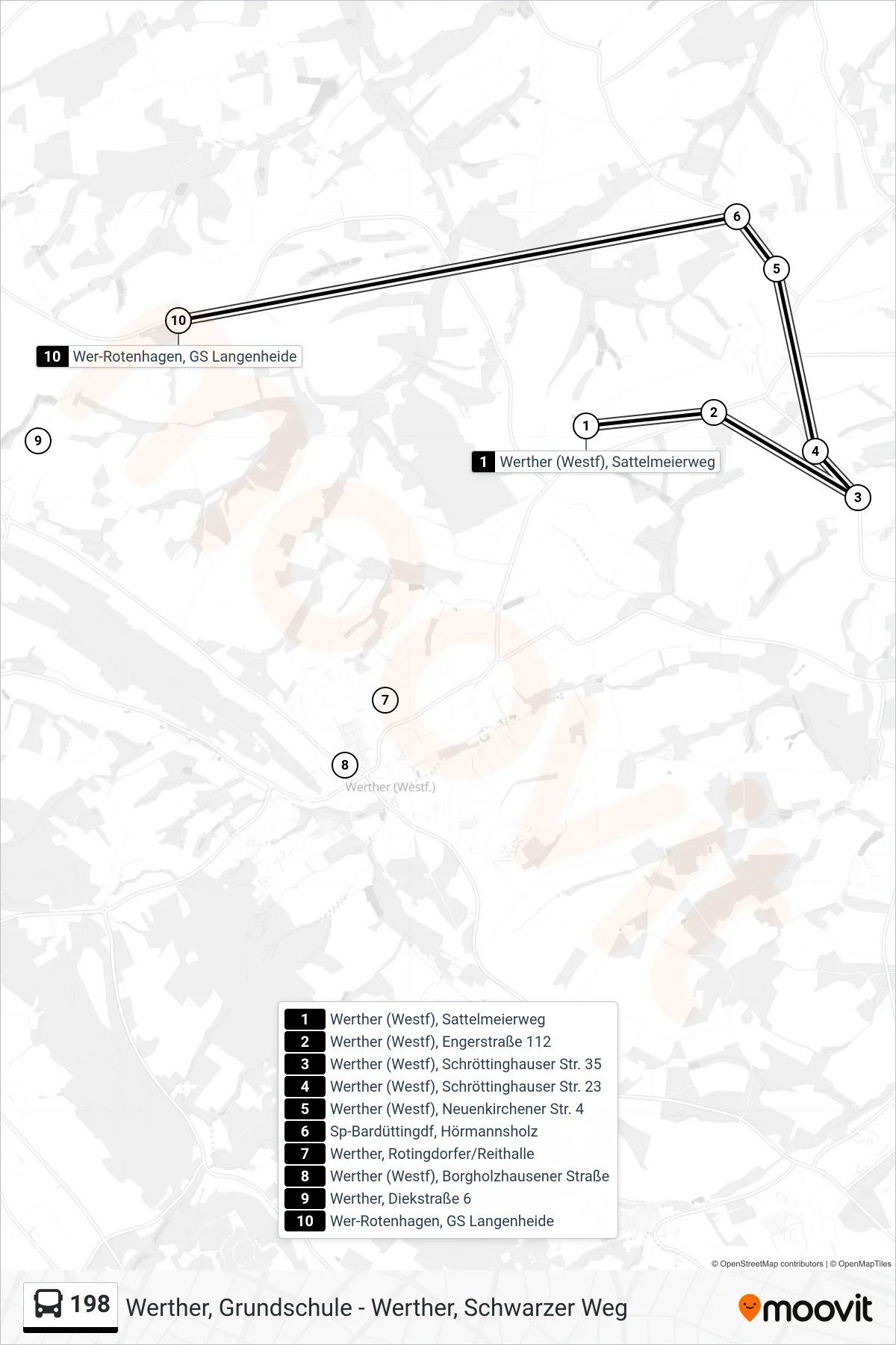 198 bus Line (Wer-Rotenhagen, GS Langenheide) route and stops on a map