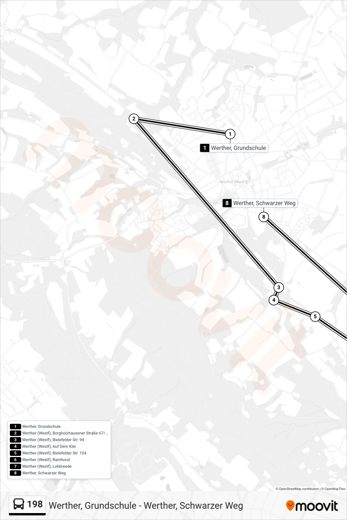 198 bus Line (Werther, Schwarzer Weg) route and stops on a map