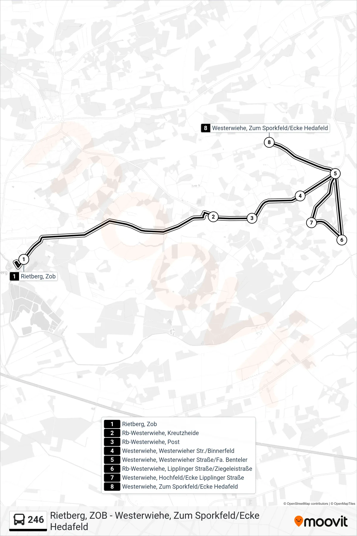 Linie 246 (Bus) Richtung Westerwiehe, Zum Sporkfeld/Ecke Hedafeld: Route und Haltestellen auf der Karte