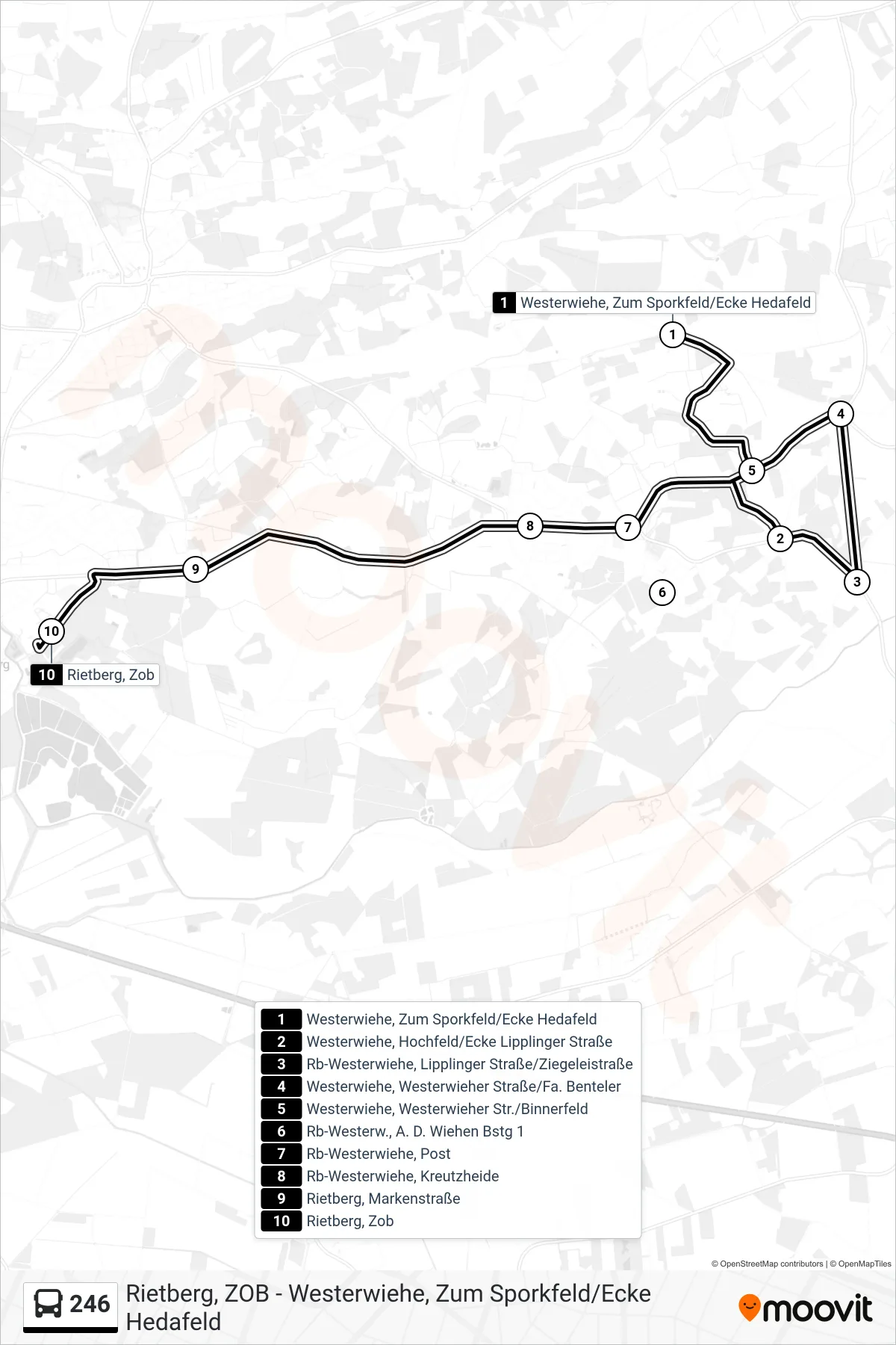 246 bus Line (Rietberg, Zob) route and stops on a map