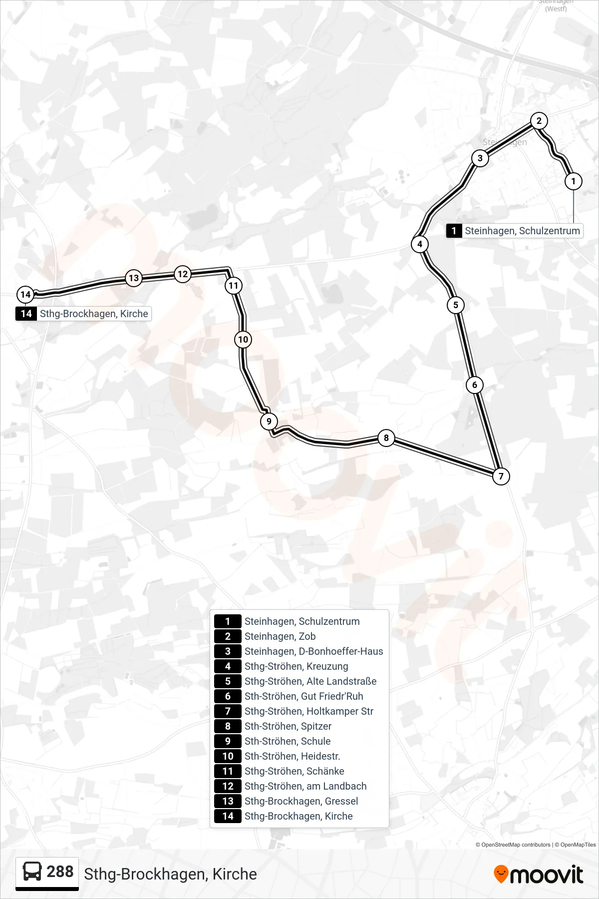 288 bus Line (Sthg-Brockhagen, Kirche) route and stops on a map