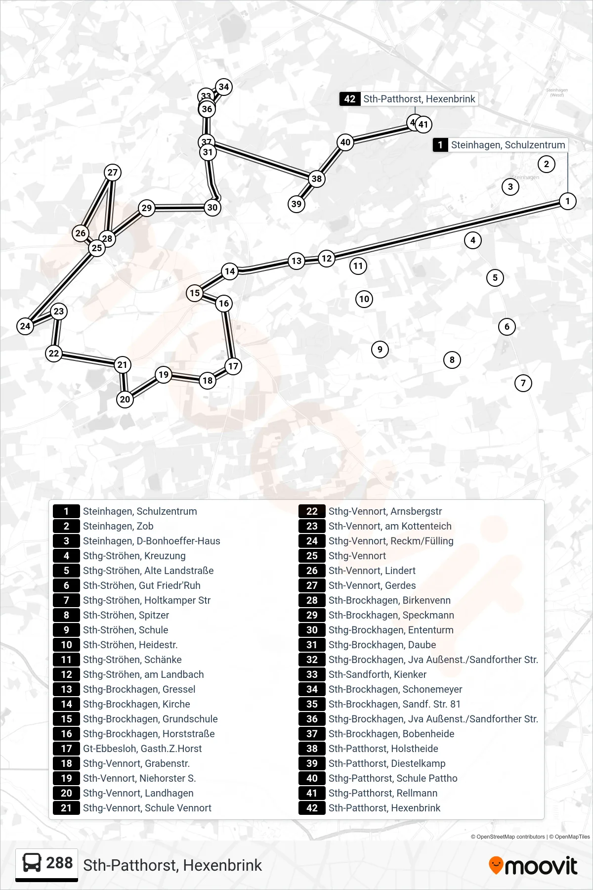 288 bus Line (Sth-Patthorst, Hexenbrink) route and stops on a map