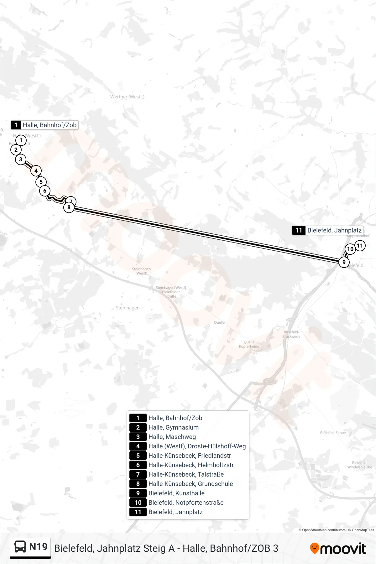 Linie N19 (Bus) Richtung Bielefeld, Jahnplatz Steig A: Route und Haltestellen auf der Karte