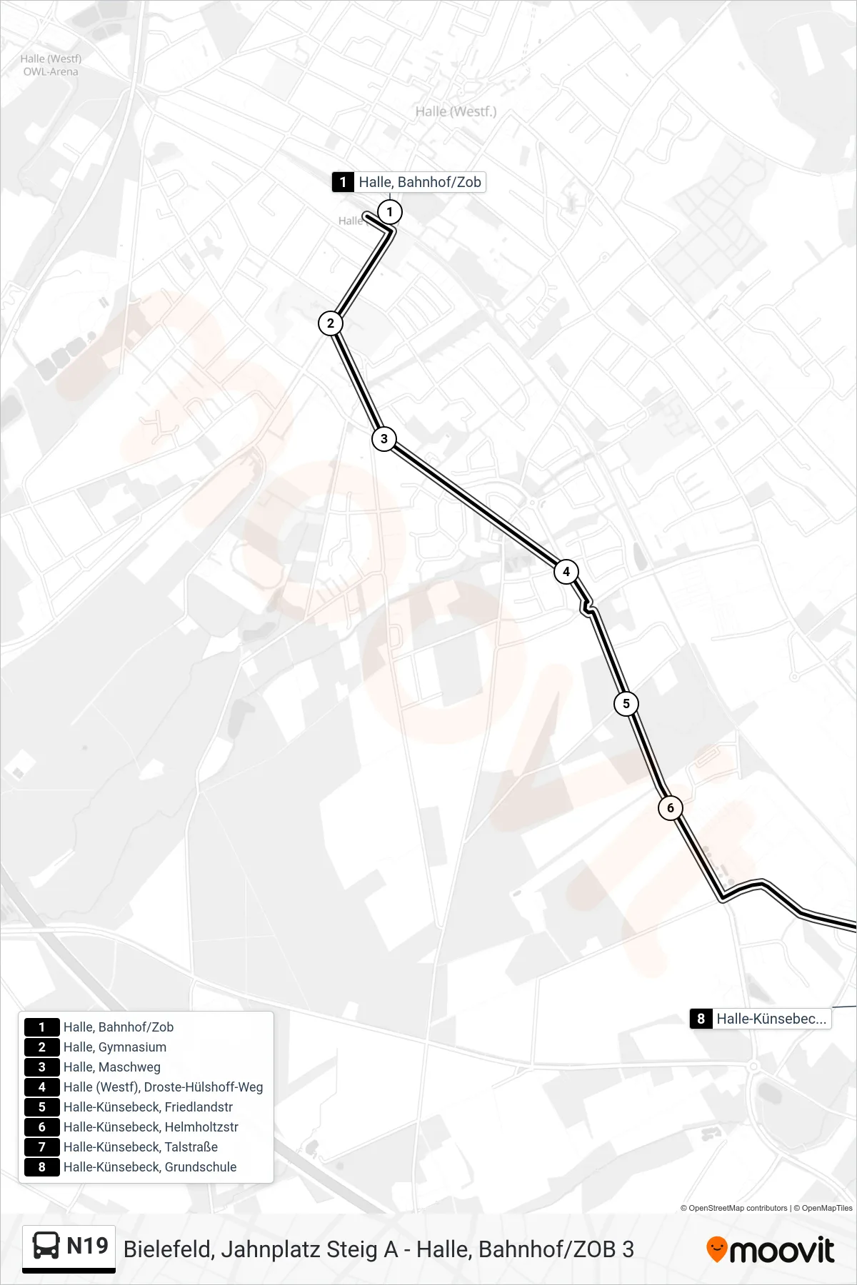 Linie N19 (Bus) Richtung Halle-Künsebeck, Grundschule: Route und Haltestellen auf der Karte