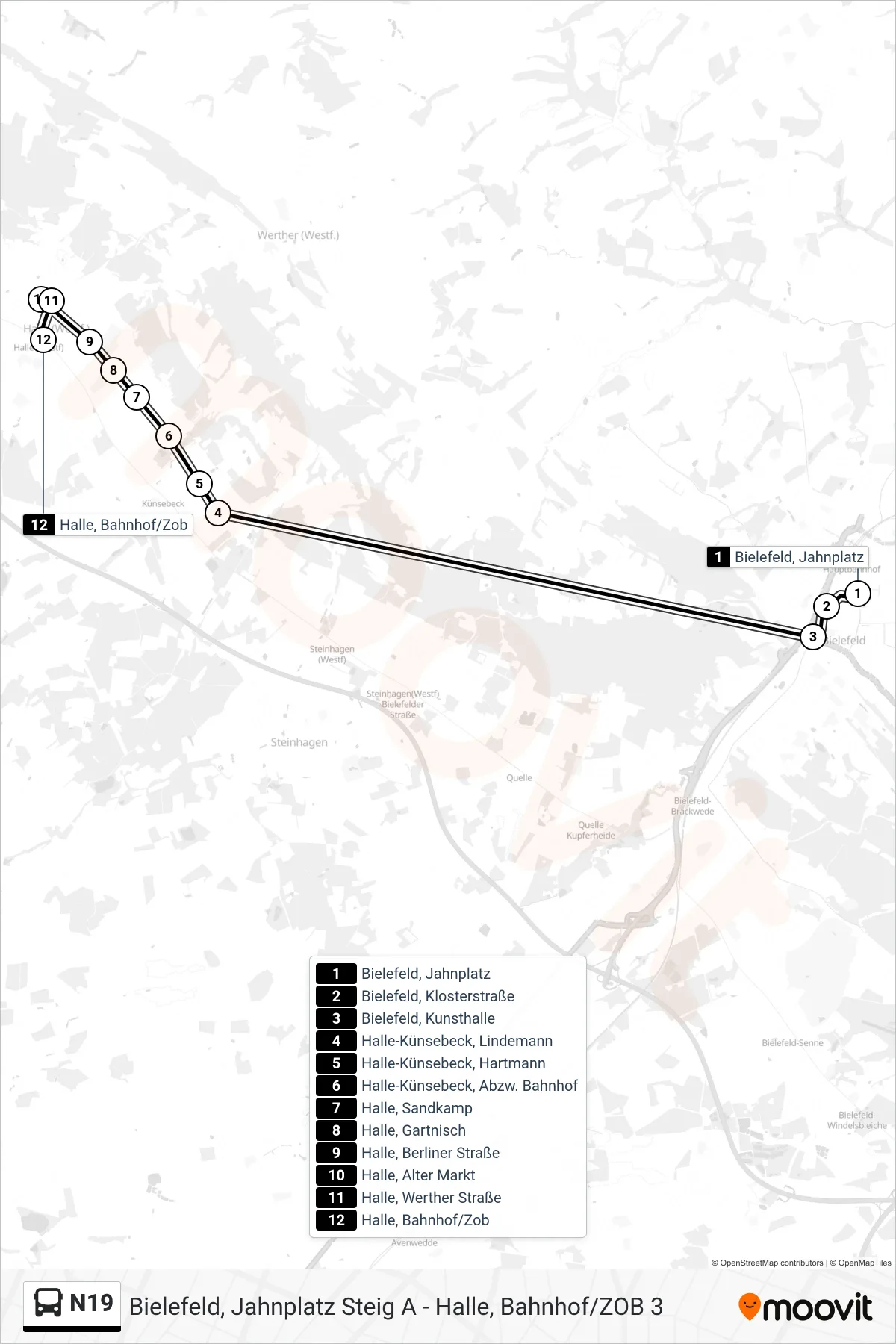 Linie N19 (Bus) Richtung Halle, Bahnhof/Zob 3: Route und Haltestellen auf der Karte