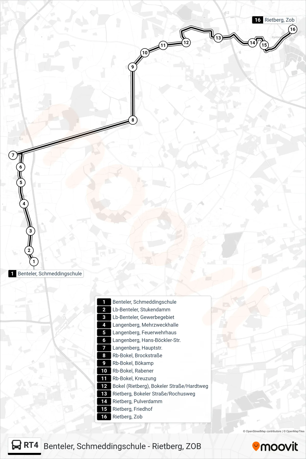 Linie RT4 (Bus) Richtung Rietberg, Zob: Route und Haltestellen auf der Karte