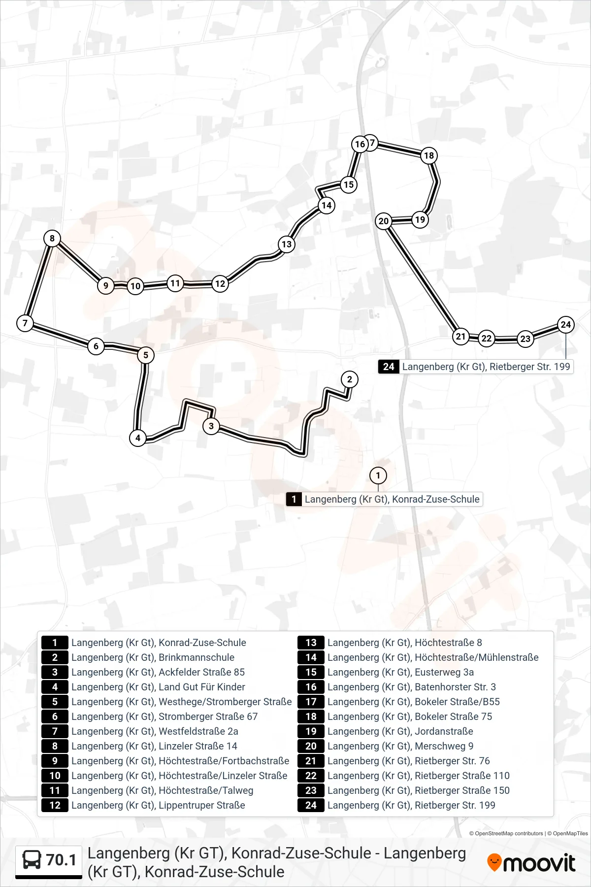 70.1 bus Line (Langenberg (Kr Gt), Rietberger Str. 199) route and stops on a map