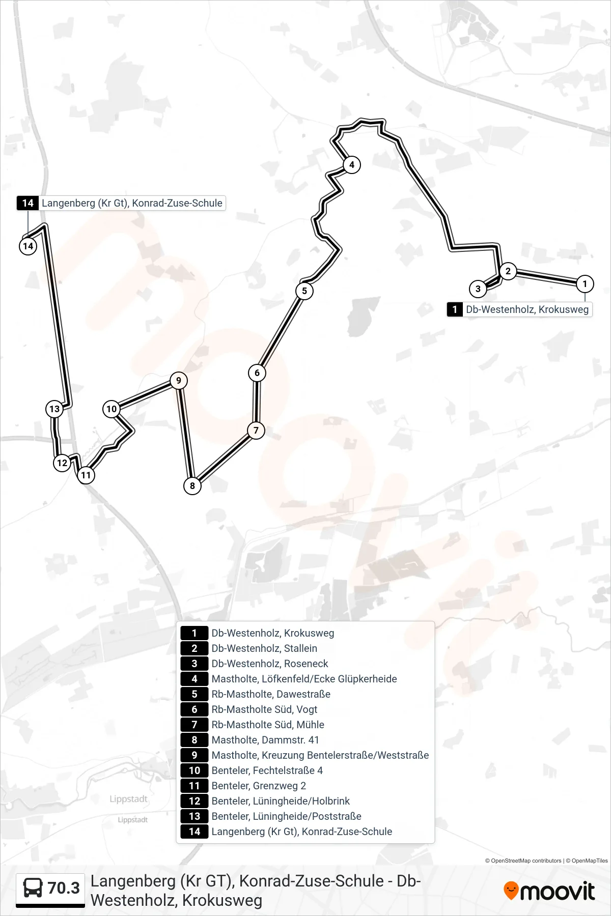 70.3 bus Line (Langenberg (Kr Gt), Konrad-Zuse-Schule) route and stops on a map