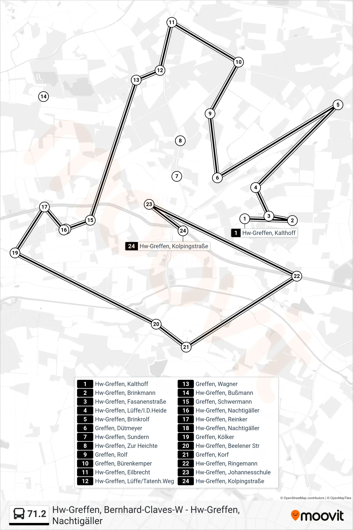 71.2 bus Line (Hw-Greffen, Kolpingstraße) route and stops on a map
