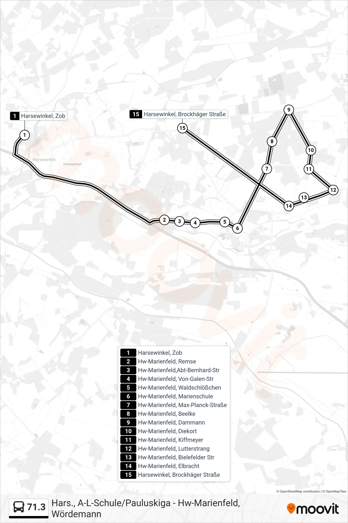 Linie 71.3 (Bus) Richtung Harsewinkel, Brockhäger Straße: Route und Haltestellen auf der Karte