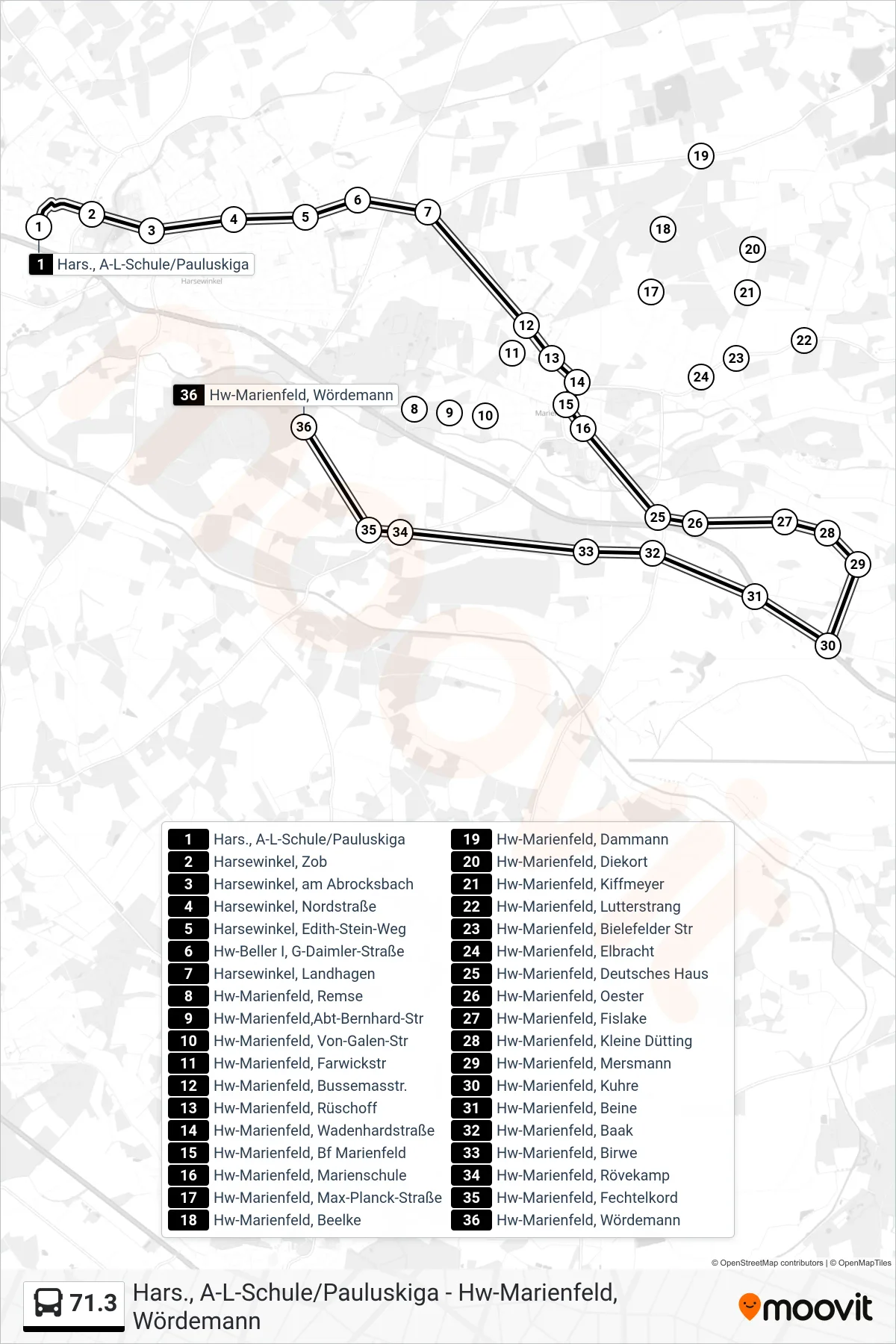 71.3 bus Line (Hw-Marienfeld, Wördemann) route and stops on a map