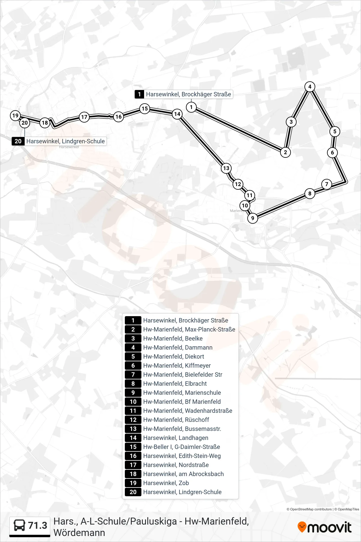 71.3 bus Line (Harsewinkel, Lindgren-Schule) route and stops on a map