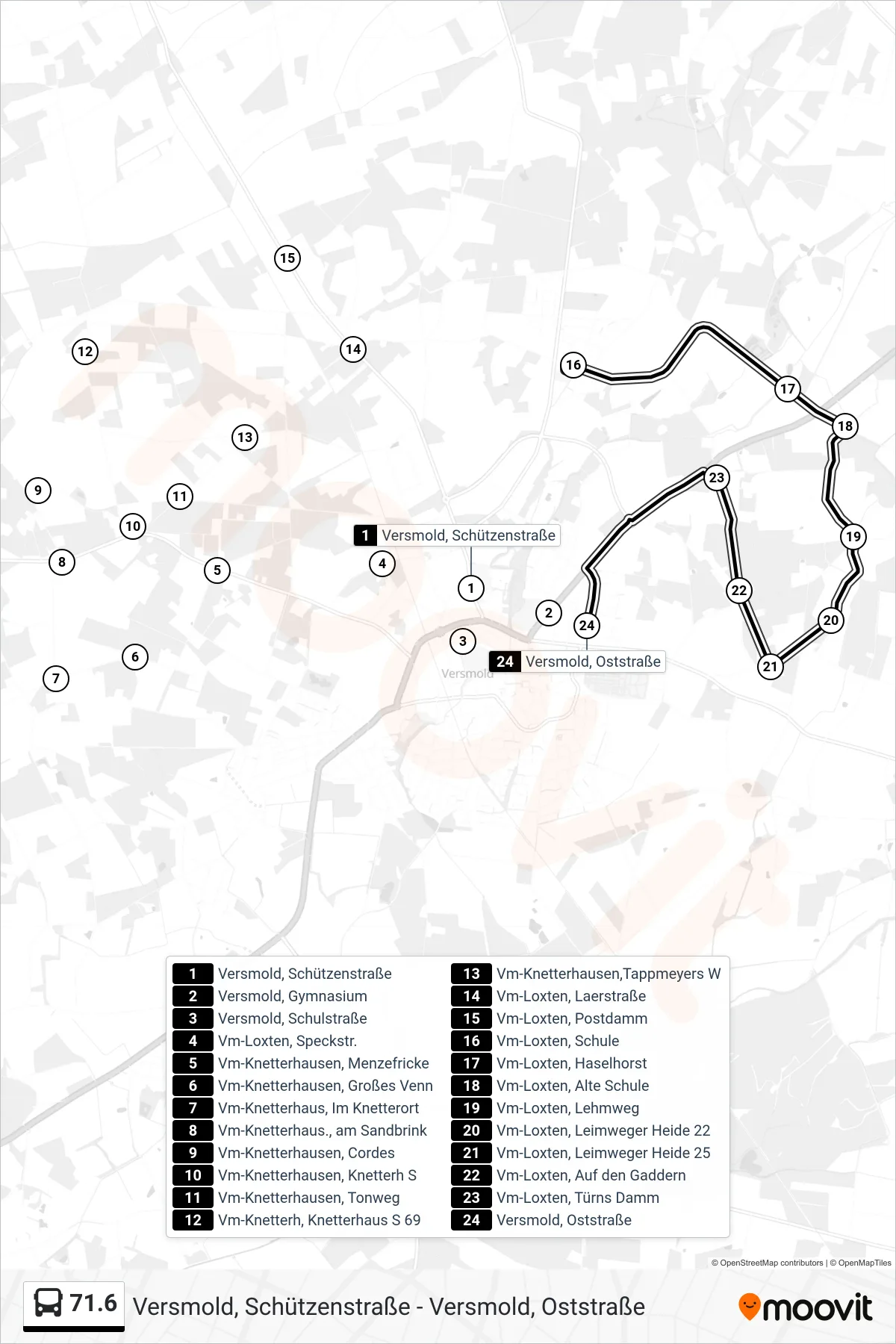 71.6 bus Line (Versmold, Oststraße) route and stops on a map