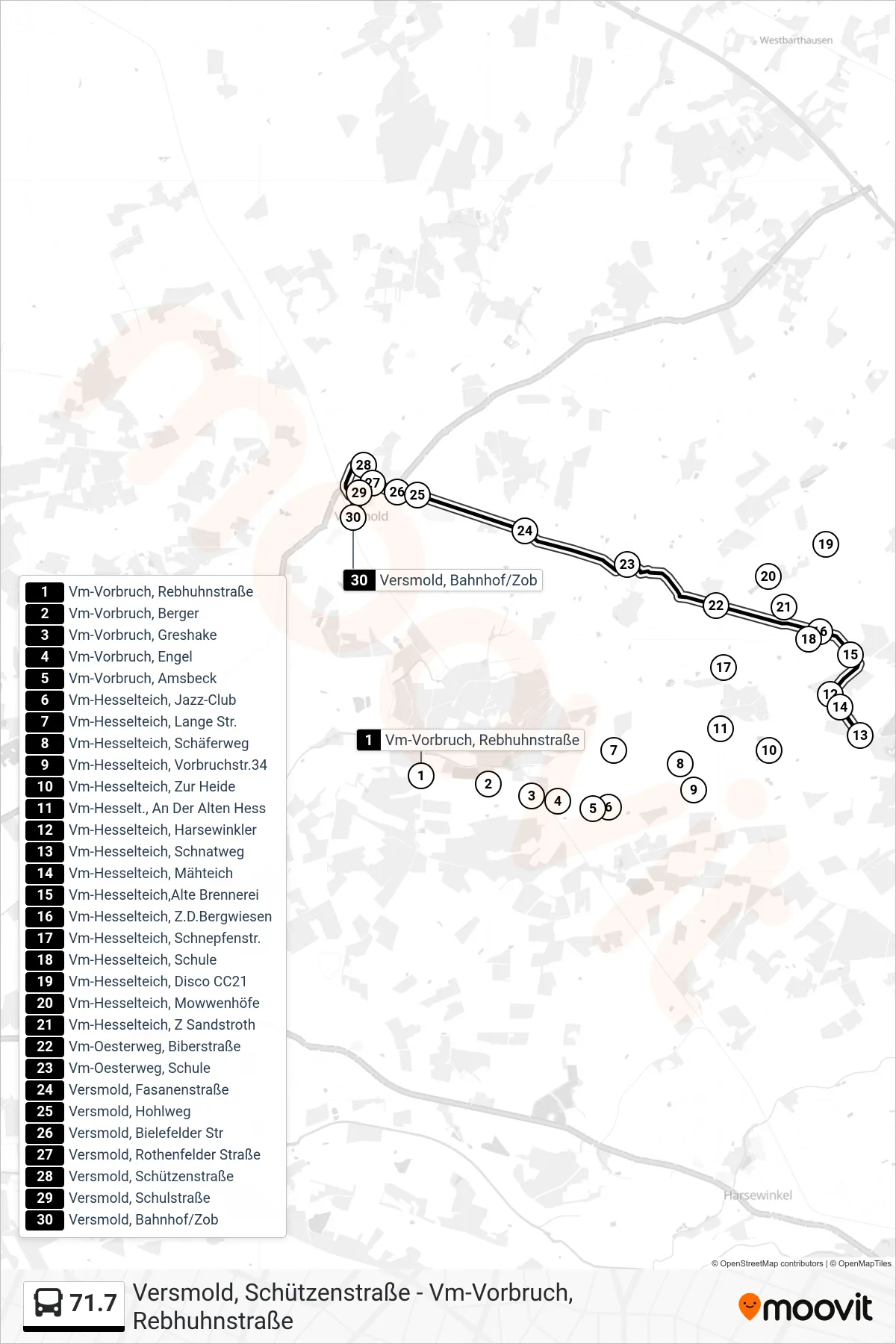 Linie 71.7 (Bus) Richtung Versmold, Bahnhof/Zob: Route und Haltestellen auf der Karte