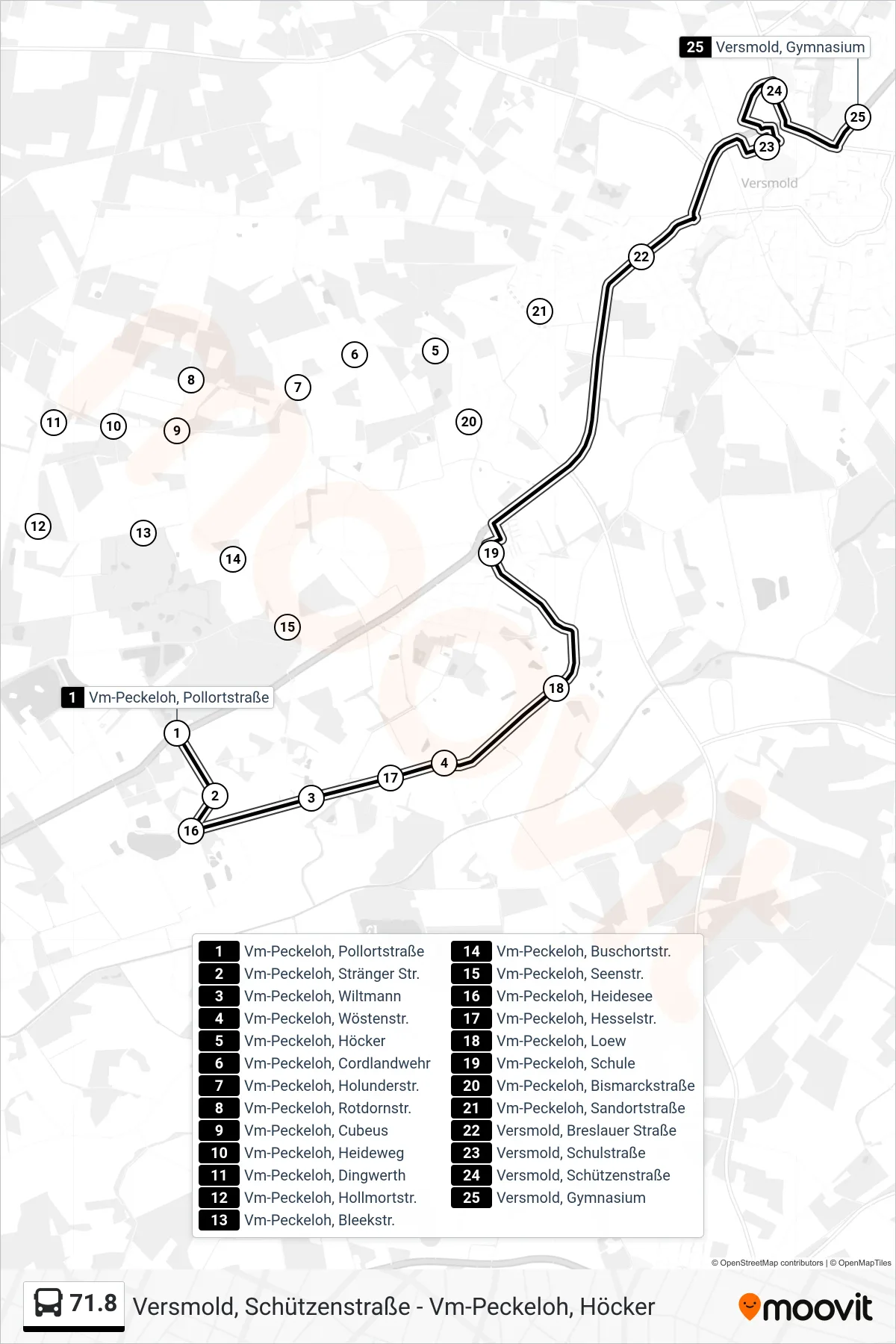 Linie 71.8 (Bus) Richtung Versmold, Gymnasium: Route und Haltestellen auf der Karte
