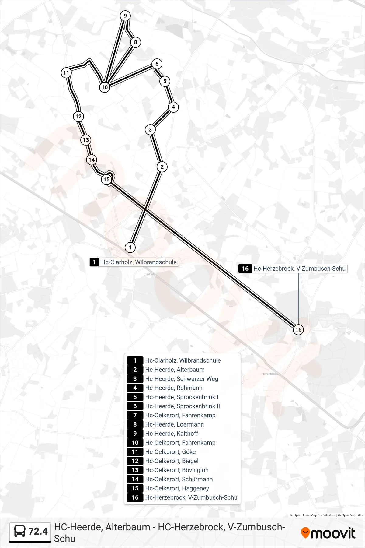 Linie 72.4 (Bus) Richtung Hc-Herzebrock, V-Zumbusch-Schu: Route und Haltestellen auf der Karte