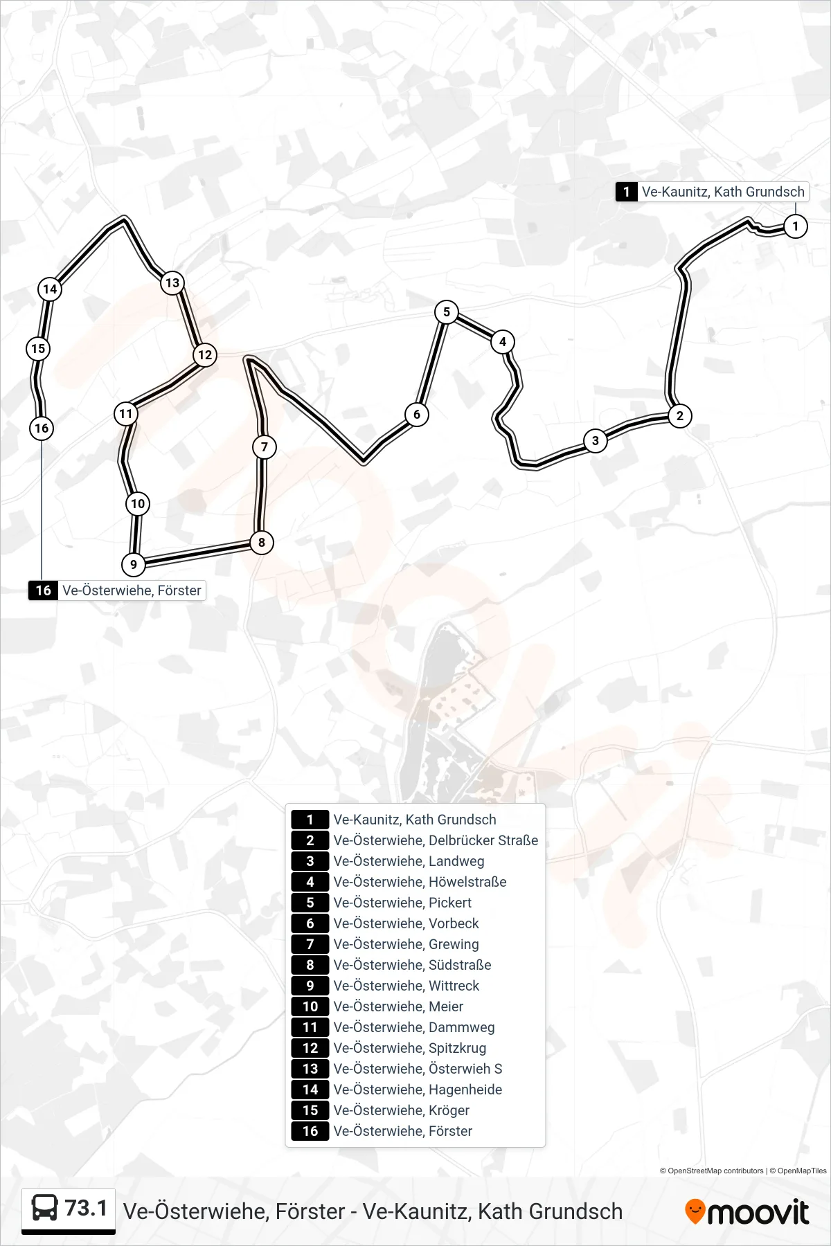 73.1 bus Line (Ve-Österwiehe, Förster) route and stops on a map