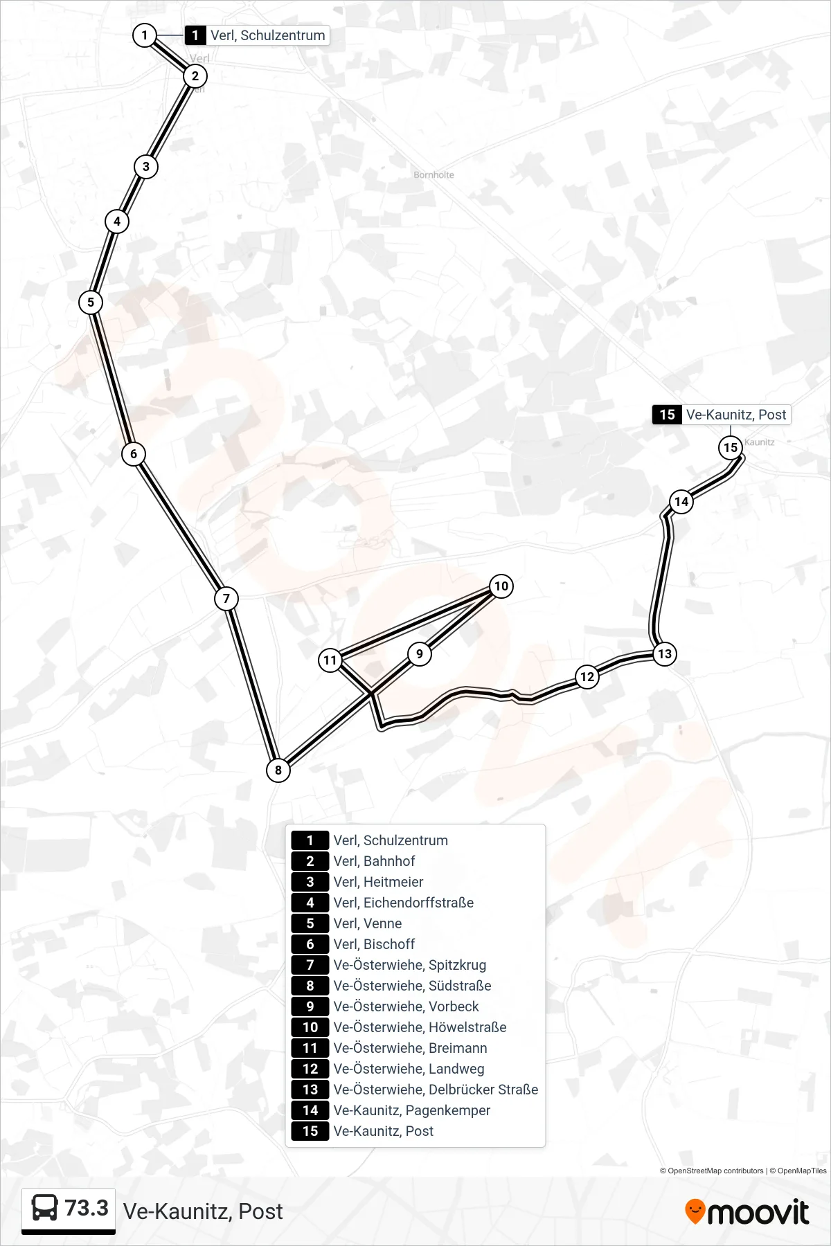 73.3 bus Line (Ve-Kaunitz, Post) route and stops on a map