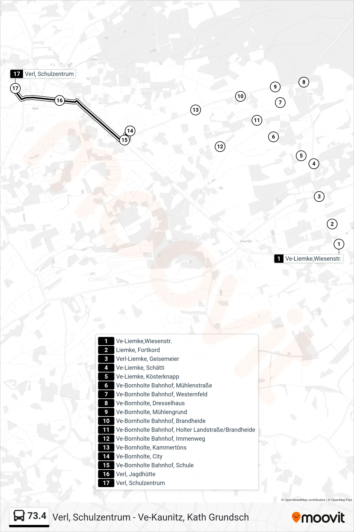 73.4 bus Line (Verl, Schulzentrum) route and stops on a map