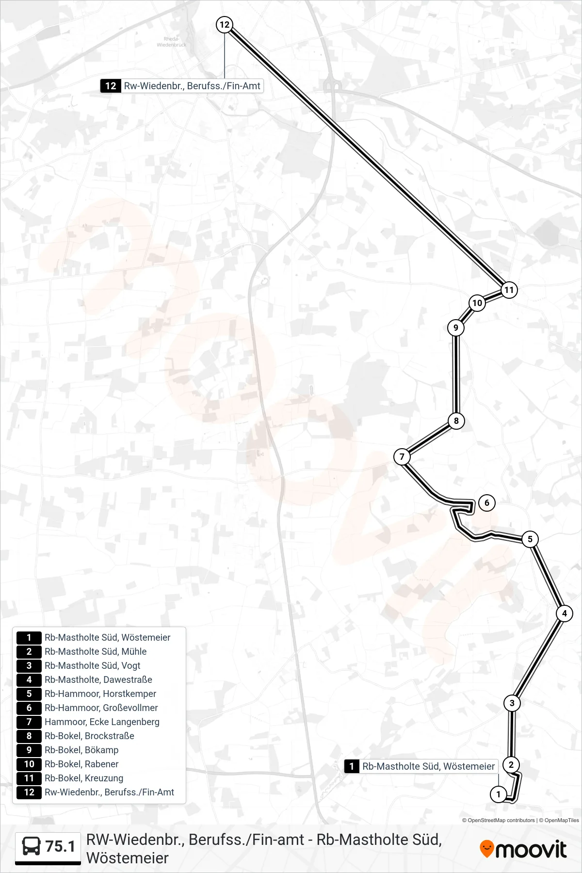 75.1 bus Line (Rw-Wiedenbr., Berufss./Fin-Amt) route and stops on a map