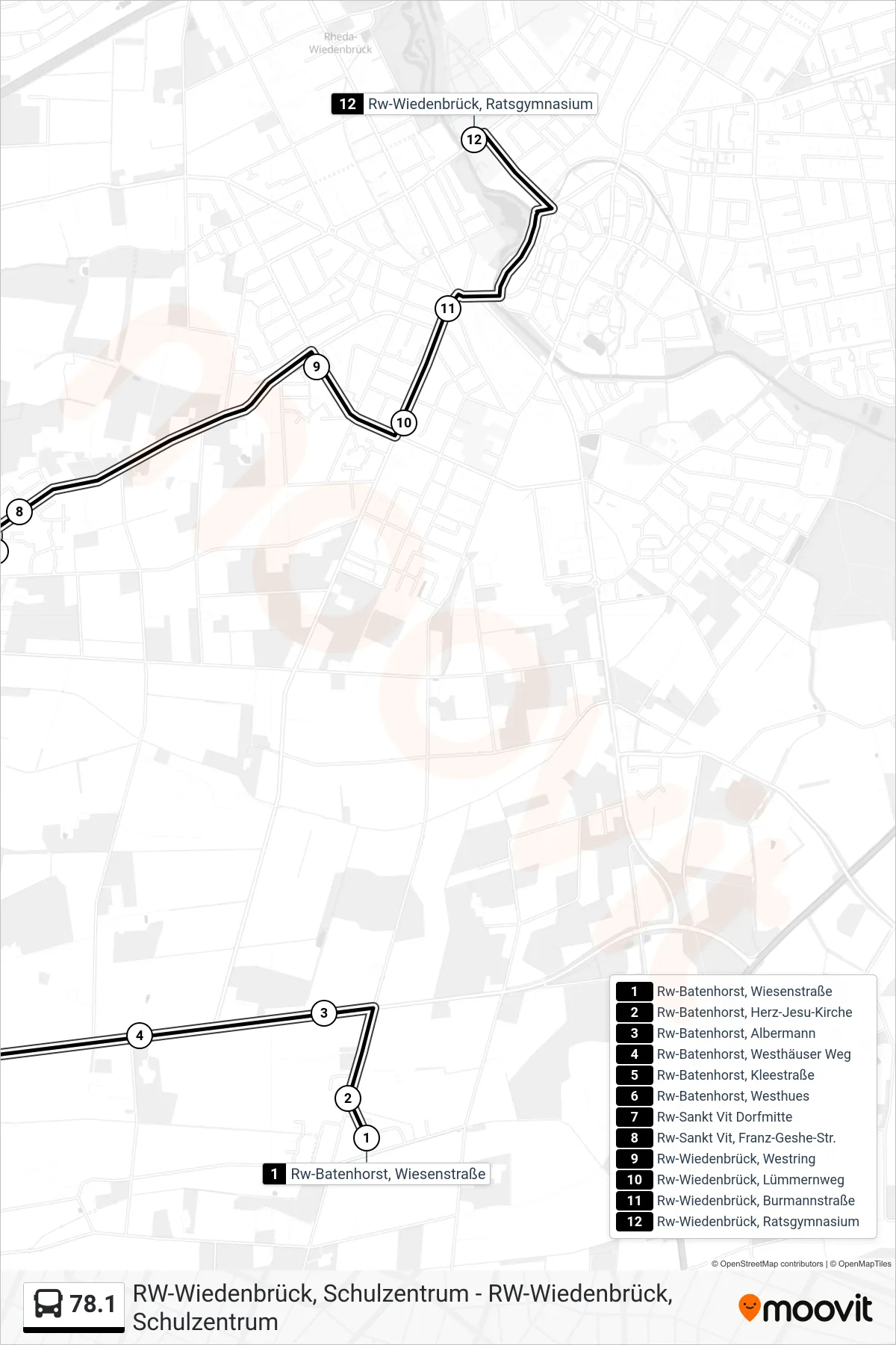 78.1 bus Line (Rw-Wiedenbrück, Ratsgymnasium) route and stops on a map