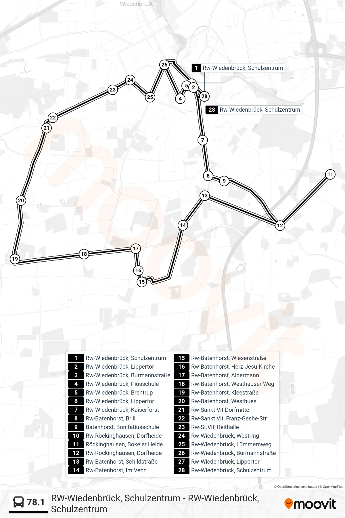 78.1 bus Line (Rw-Wiedenbrück, Schulzentrum) route and stops on a map