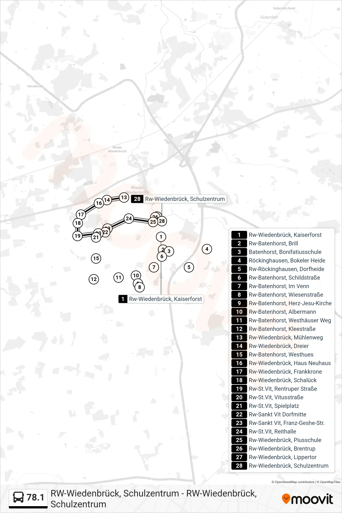 78.1 bus Line (Rw-Wiedenbrück, Schulzentrum) route and stops on a map