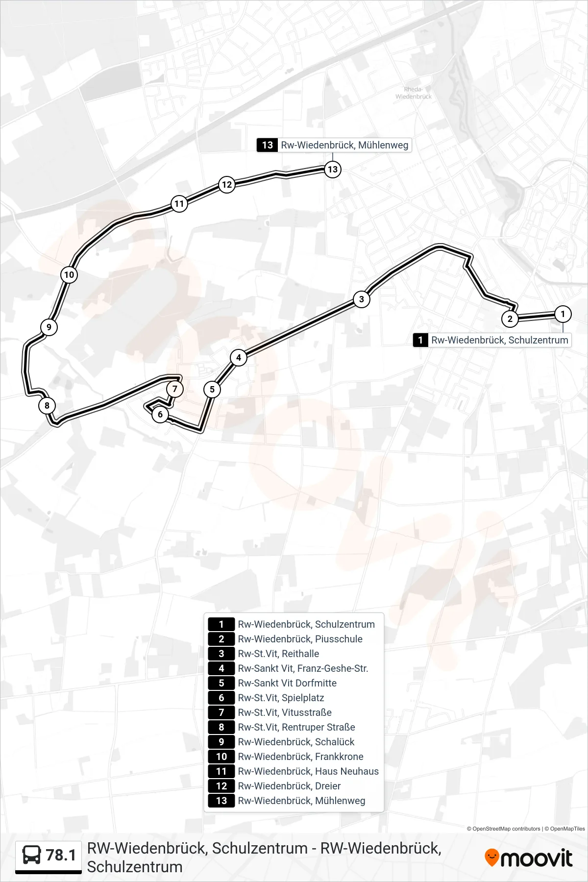 78.1 bus Line (Rw-Wiedenbrück, Mühlenweg) route and stops on a map